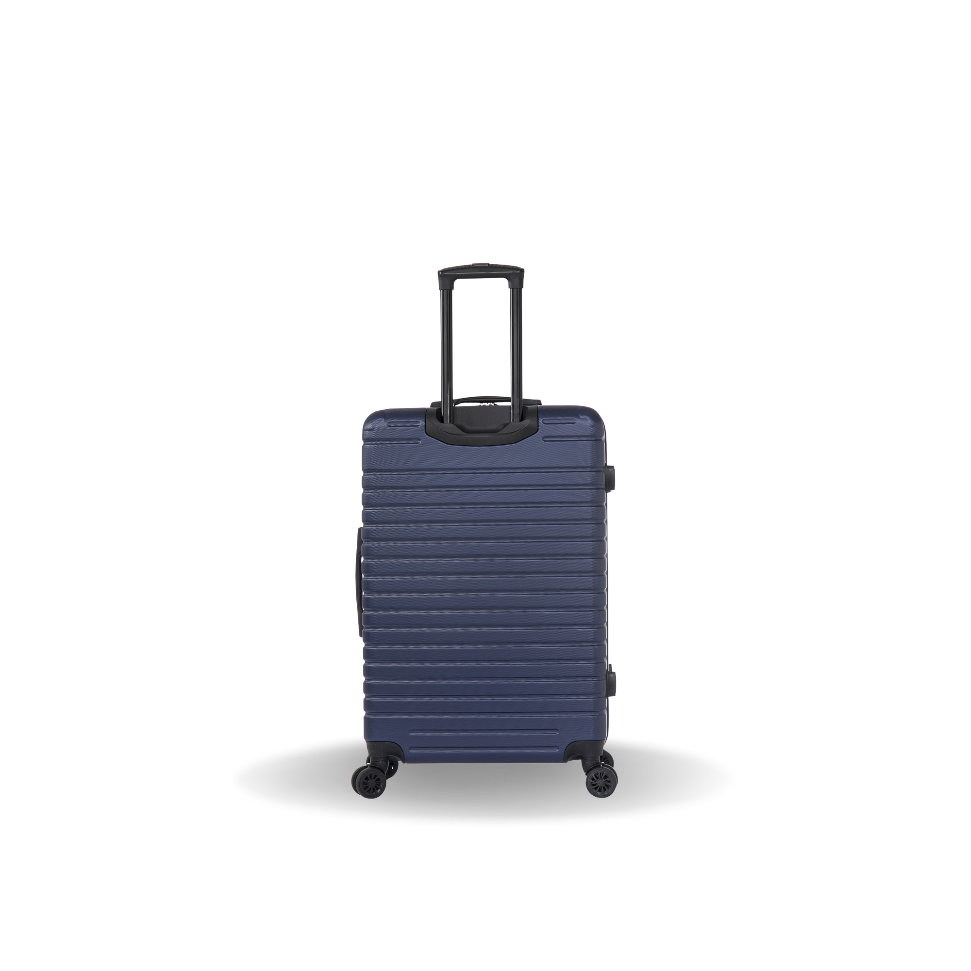 Blue suitcase with a black handle on a white background