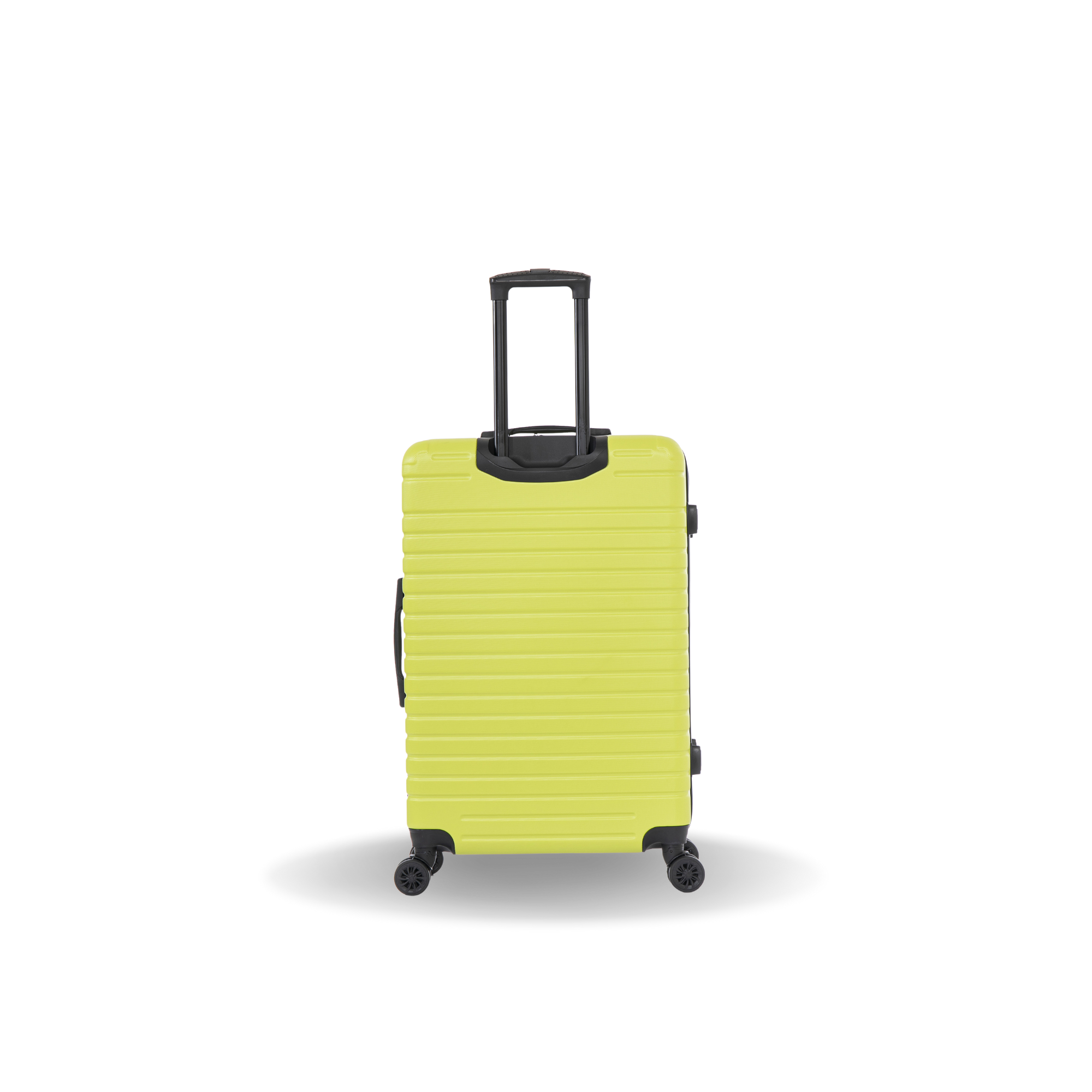 Yellow suitcase with a black handle on a white background