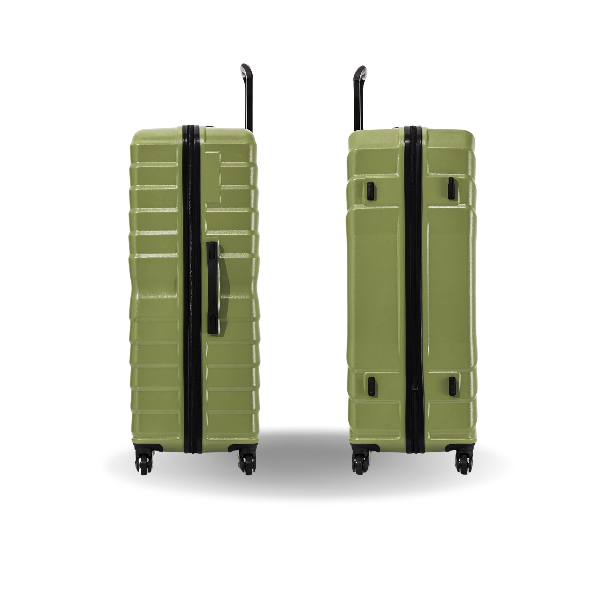 Two green suitcases with black straps on a white background