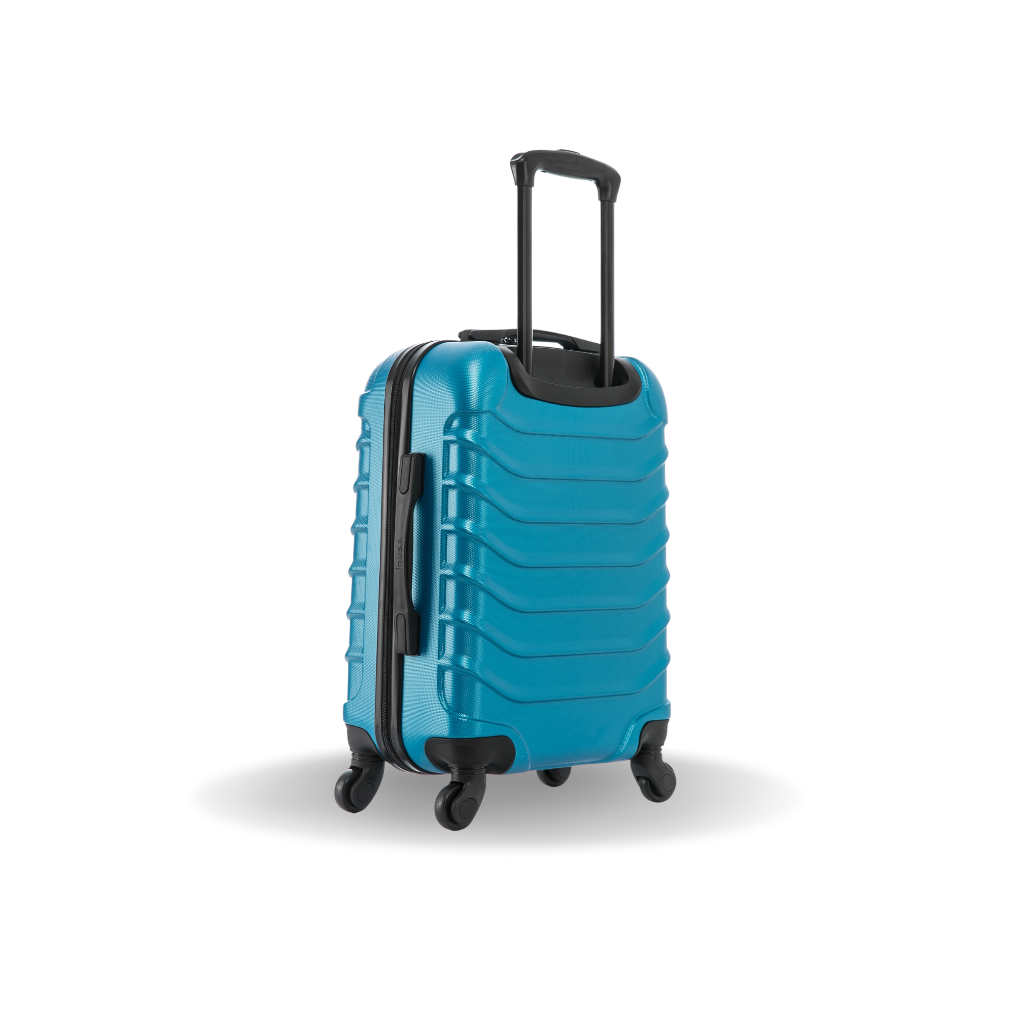 Blue suitcase with a black handle and wheels on a white background