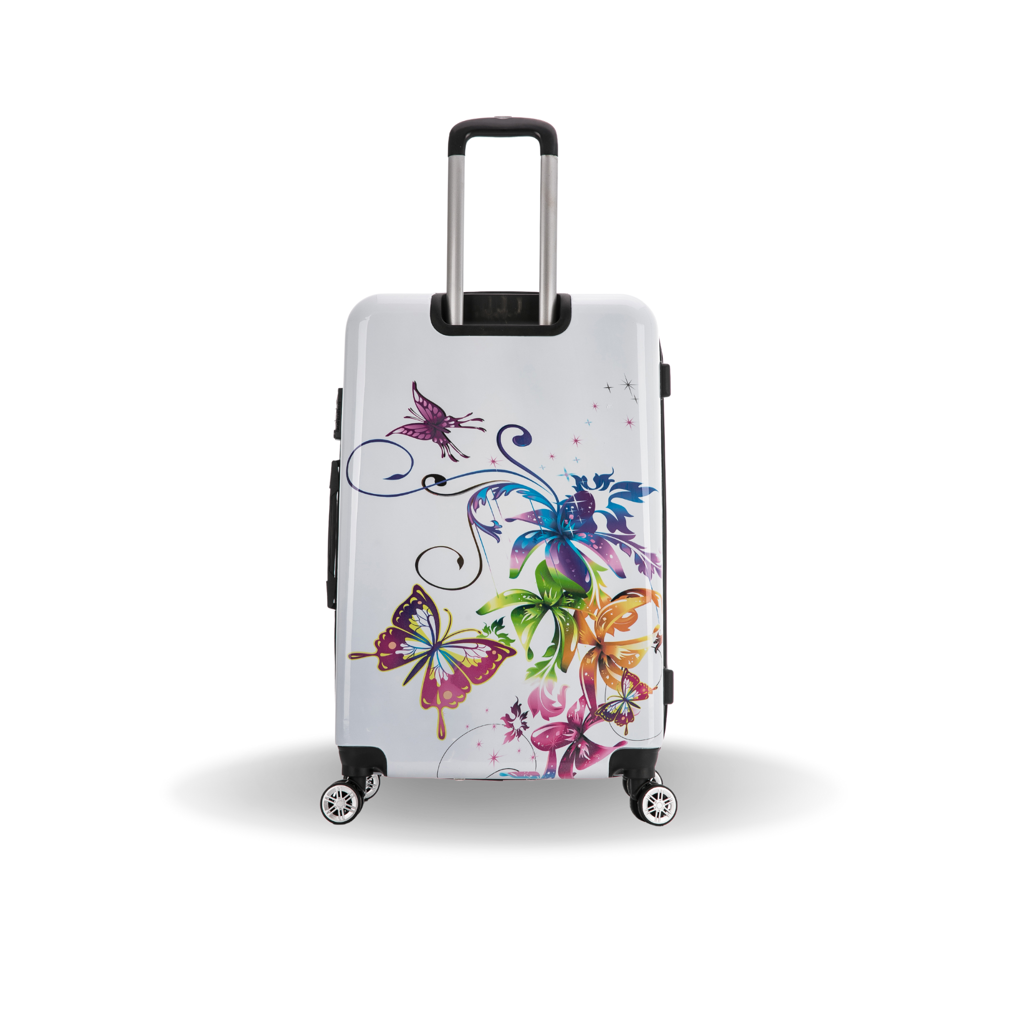 Luggage with colorful butterfly design on a white background
