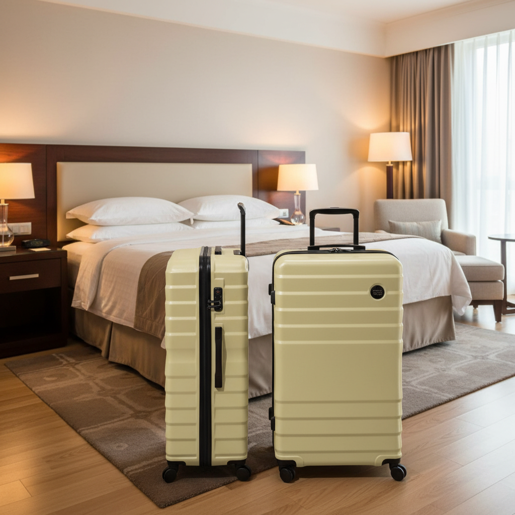 Two beige suitcases with black handles and straps on a white background
