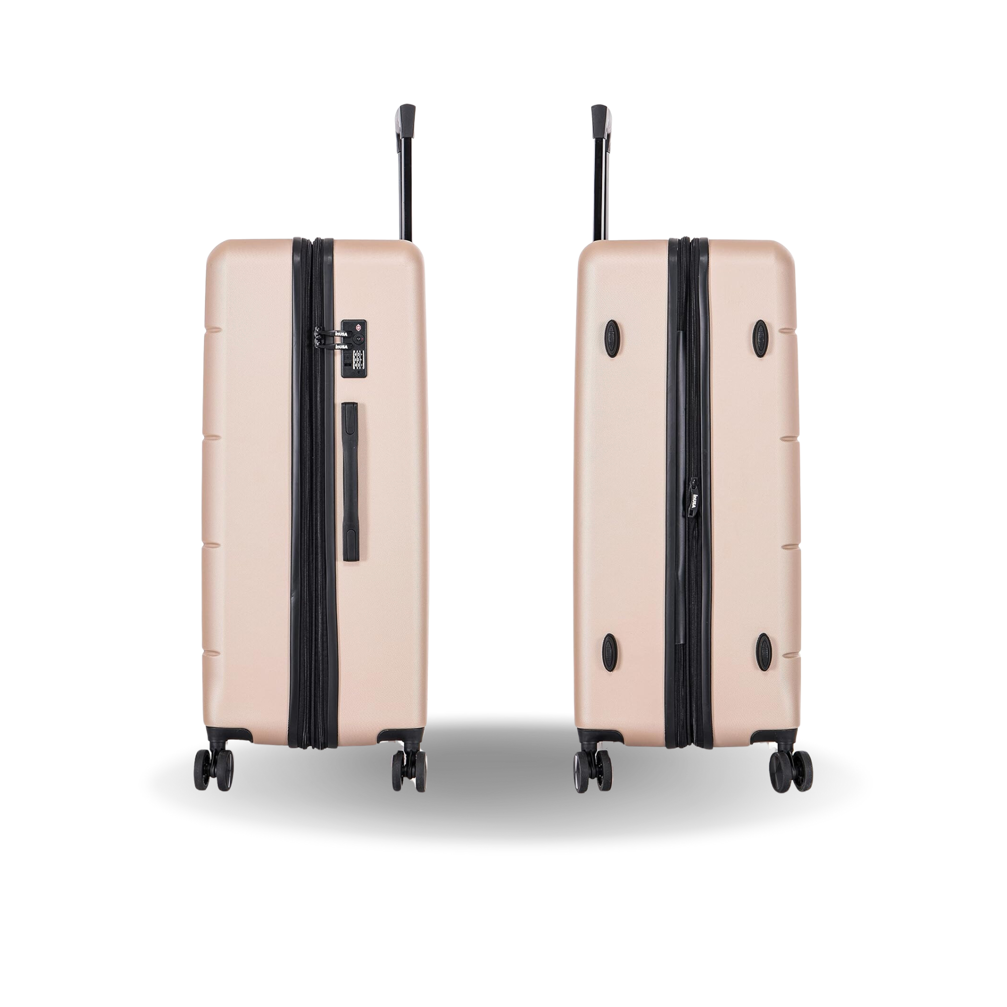 Two beige suitcases with black handles and wheels on a white background