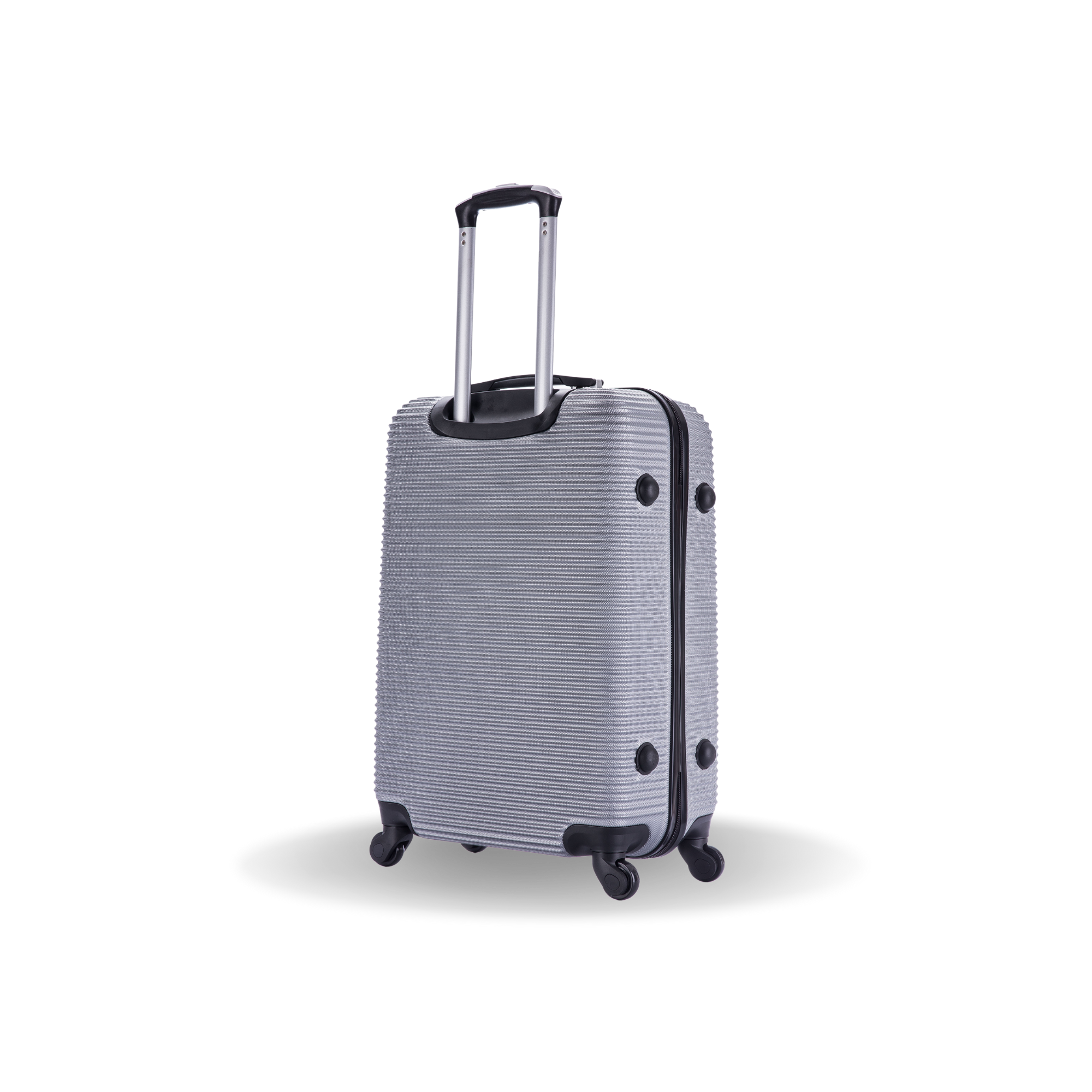 Silver suitcase with black accents on a white background