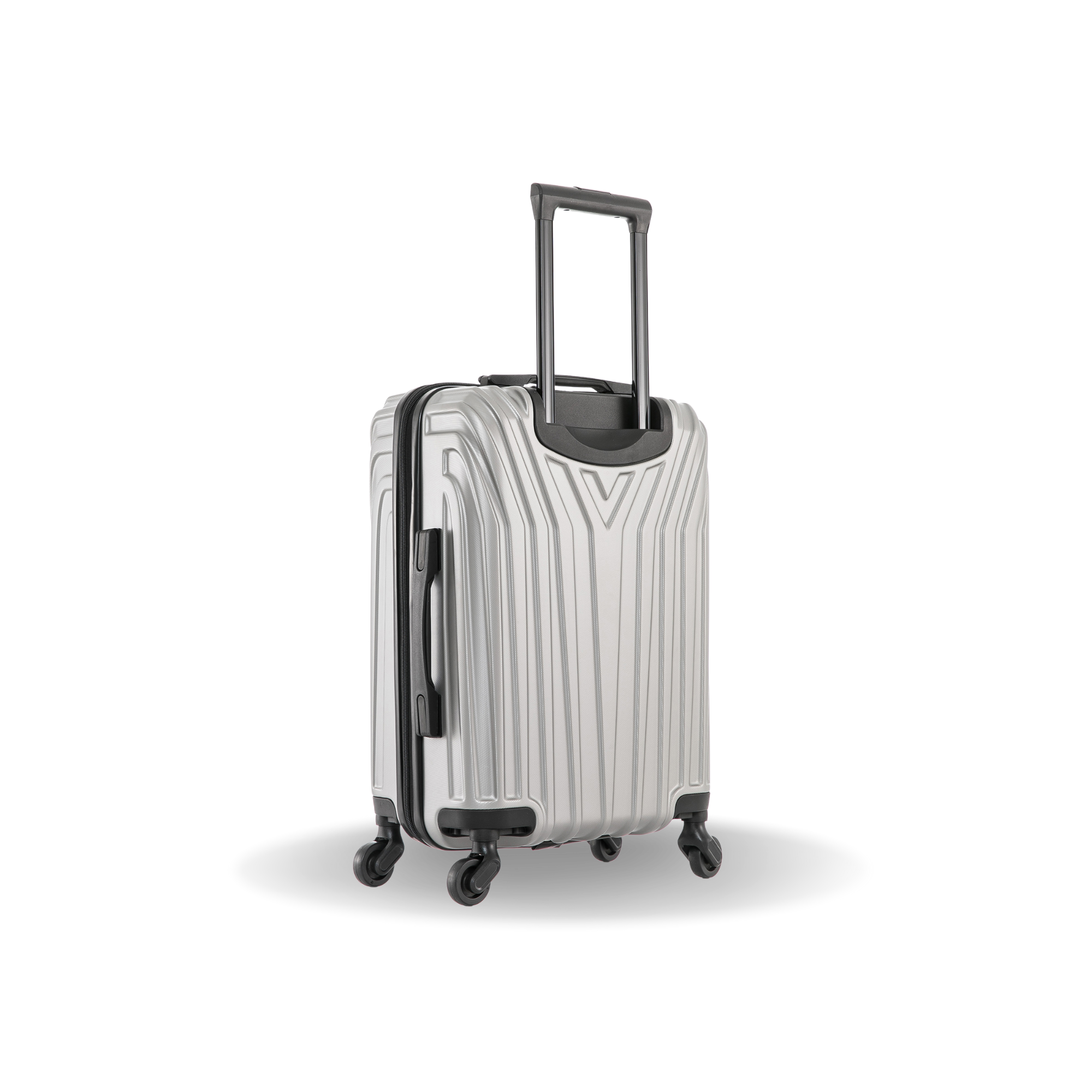 Silver suitcase with black accents on a white background