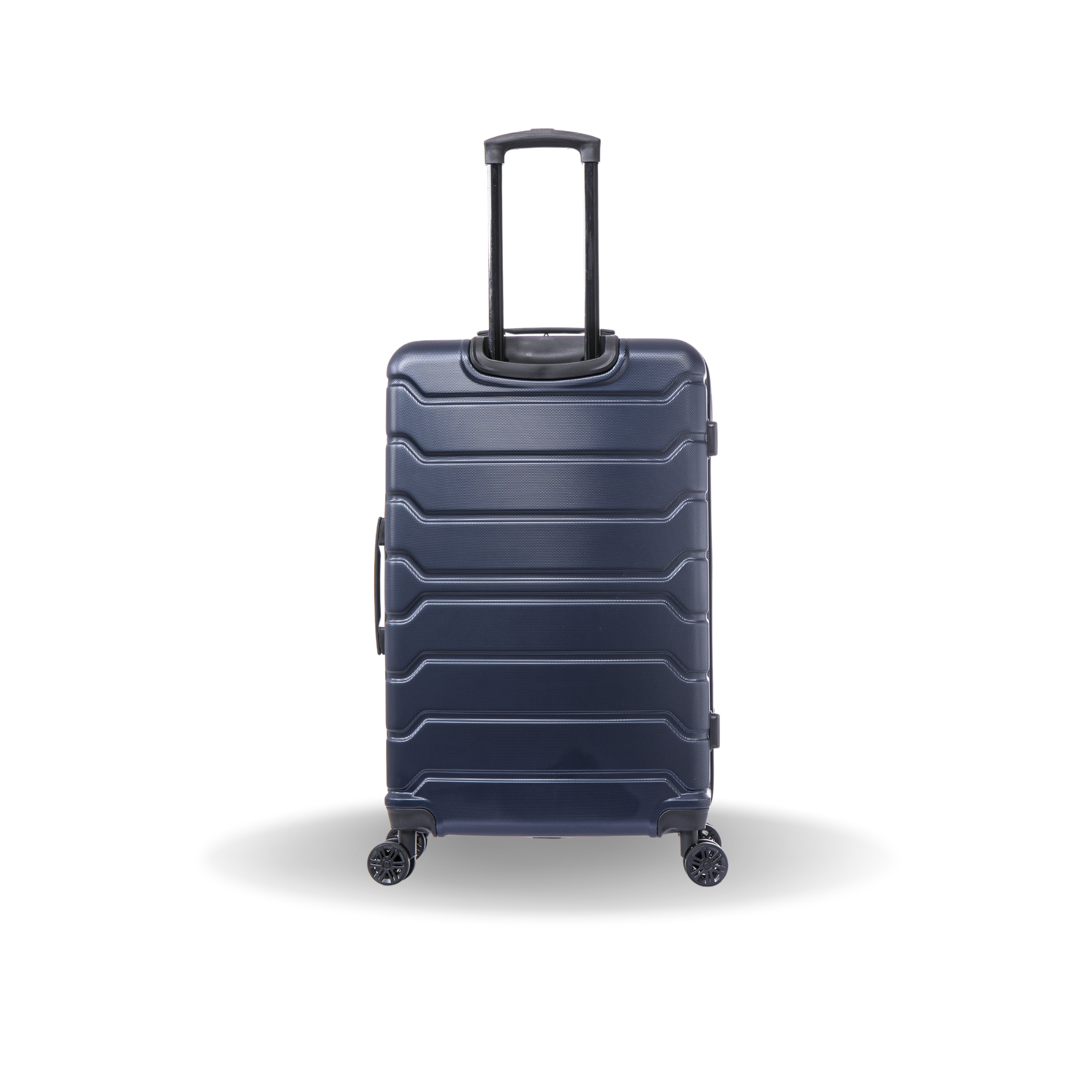 Navy blue suitcase with a black handle on a white background