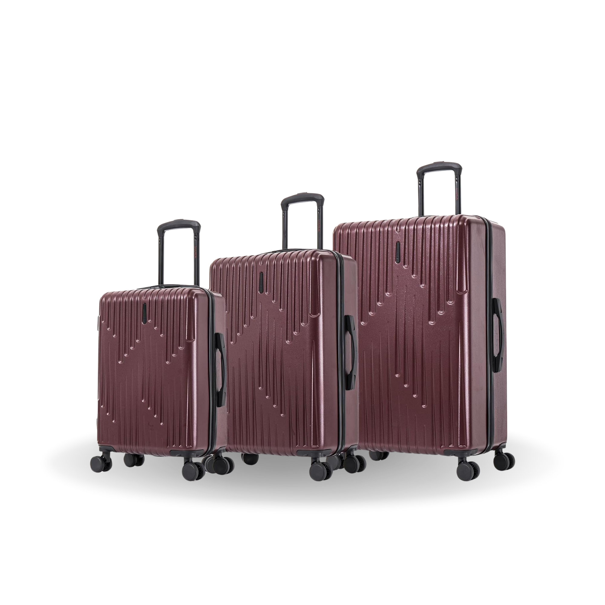 Set of three maroon suitcases of different sizes on a white background