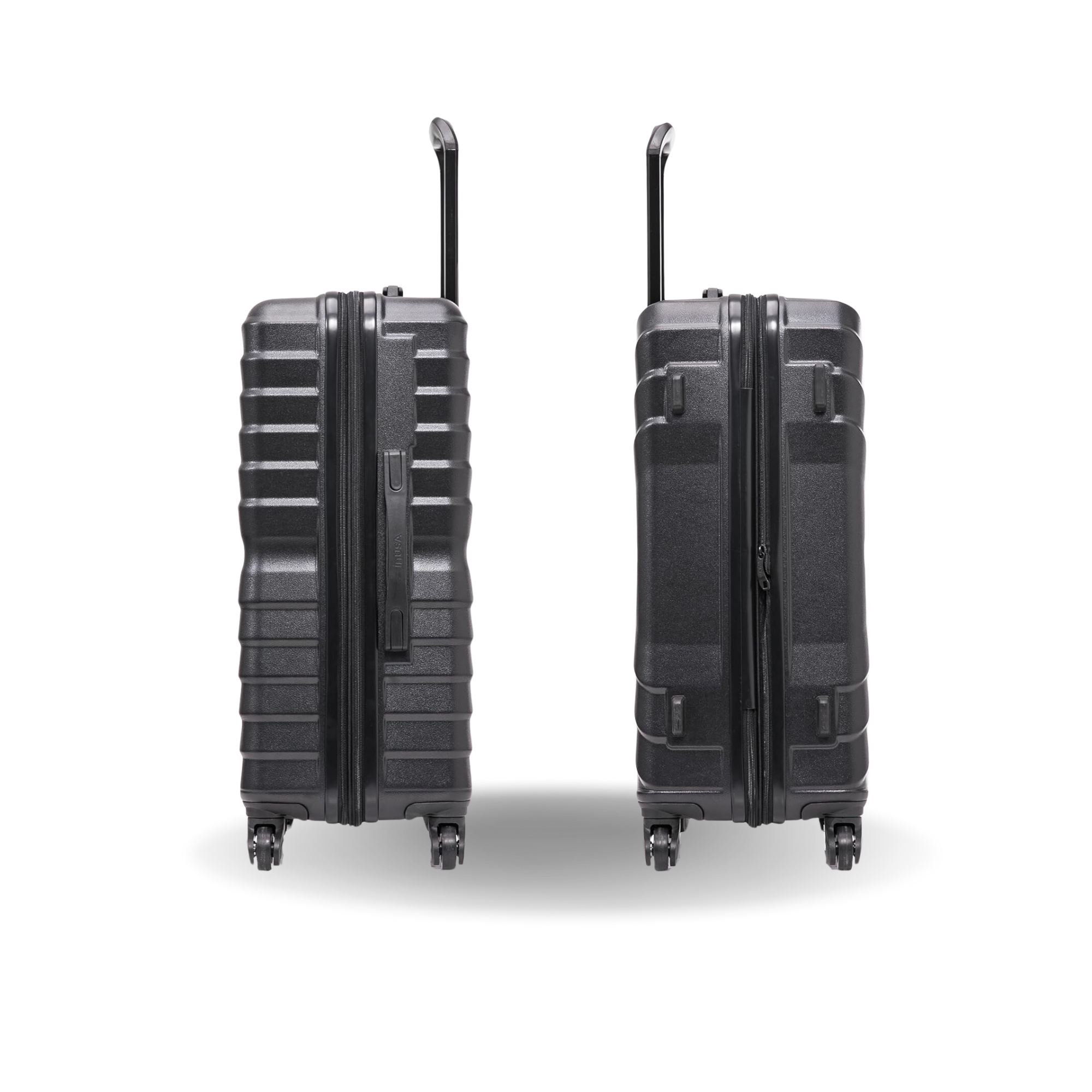 Two black suitcases shown from front and side views on a white background