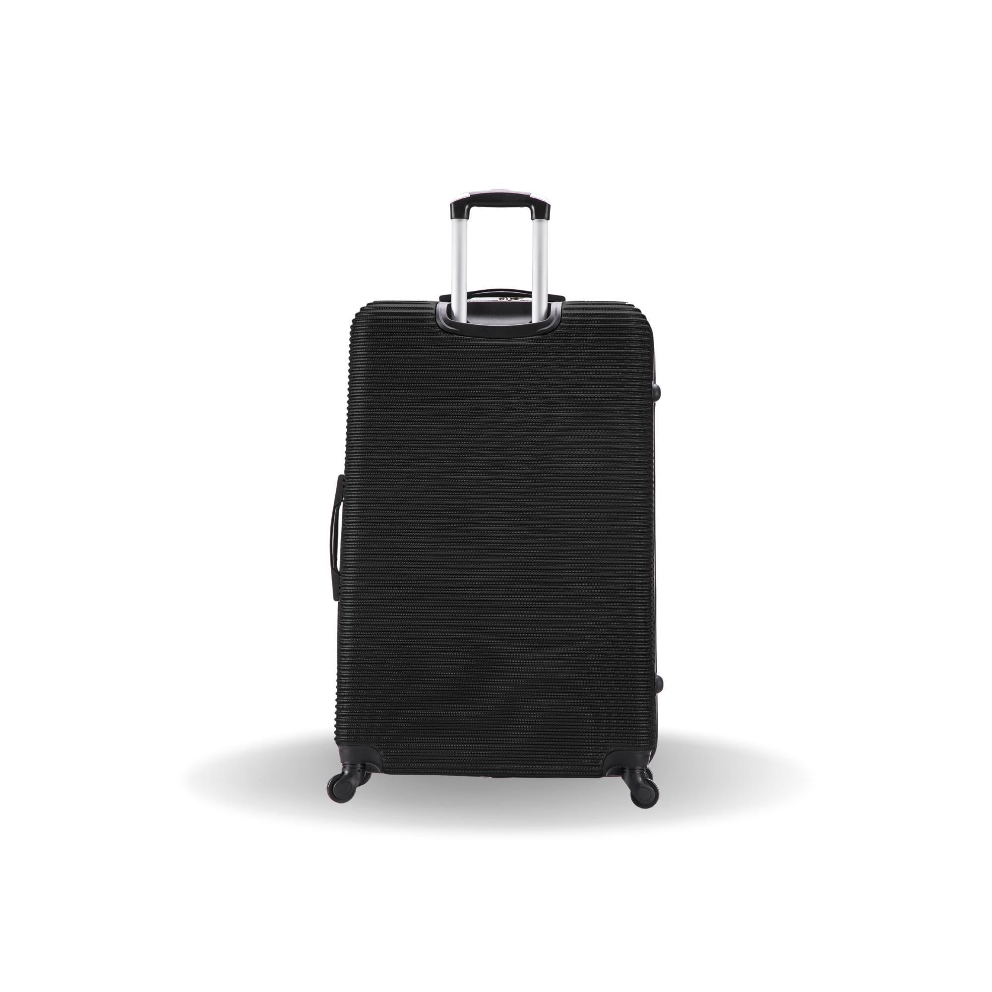 Black textured suitcase with wheels on a white background