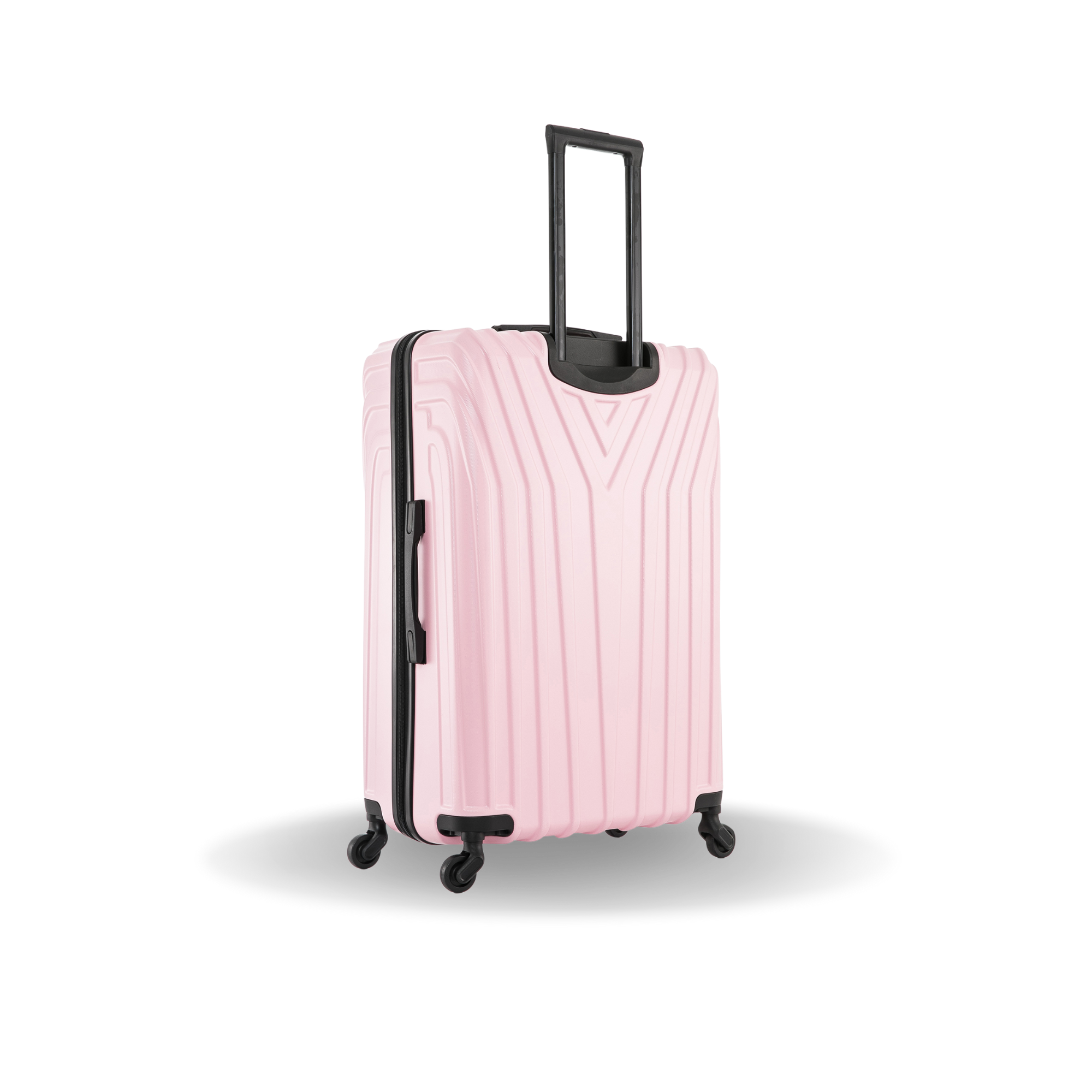 Pink suitcase with black handle and wheels on a white background