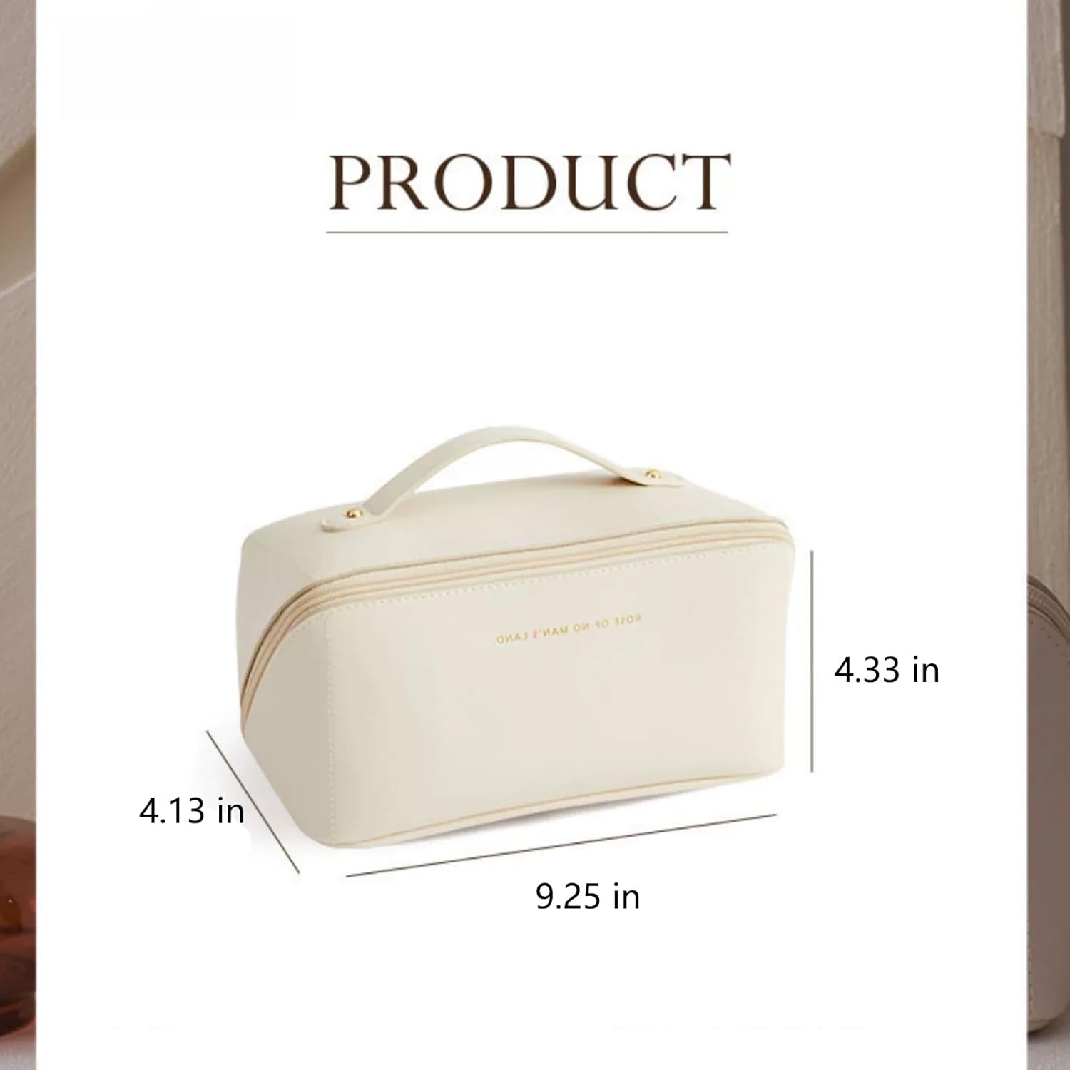 Beige cosmetic bag with dimensions labeled on a white background