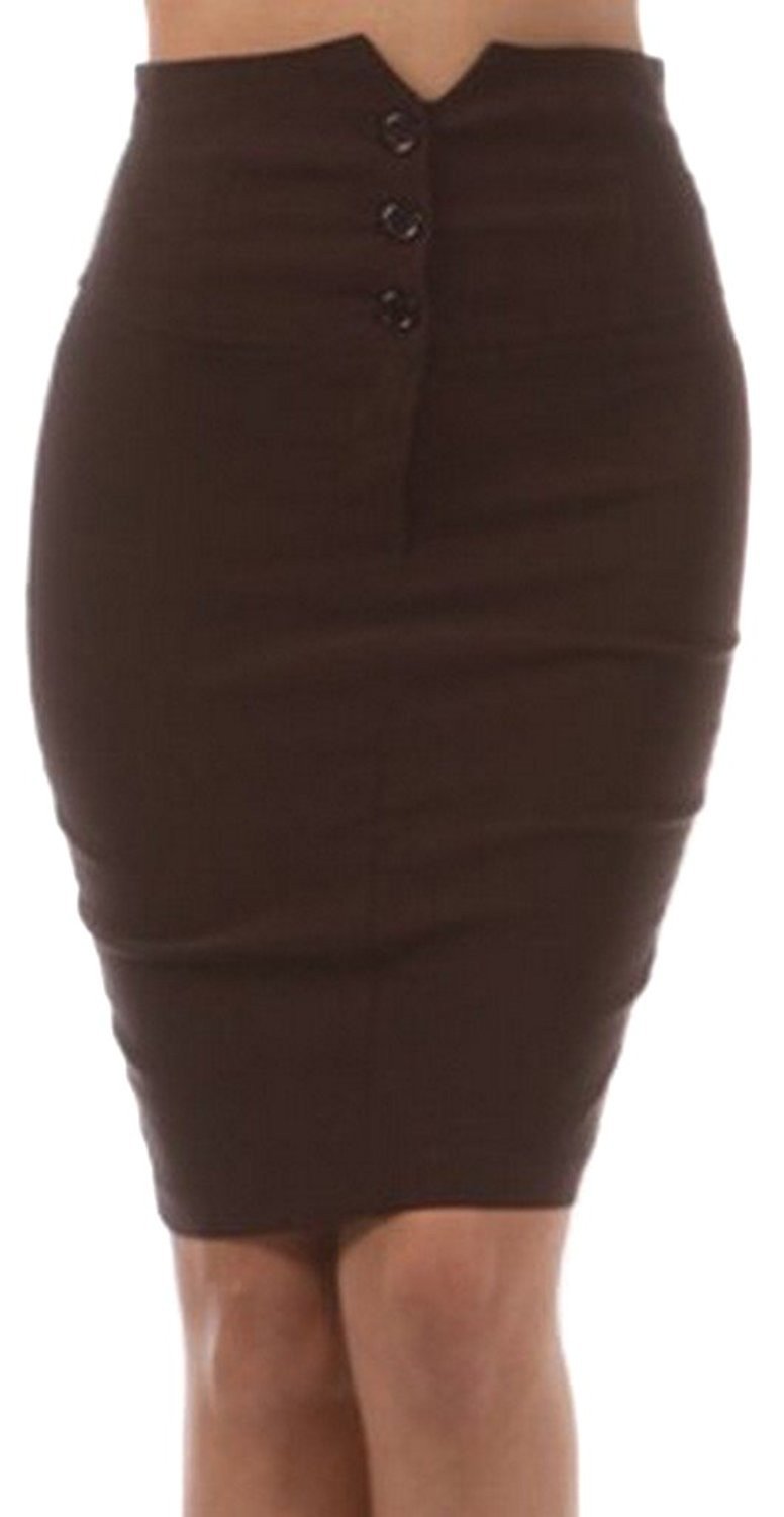 Brown pencil skirt with button details on a white background