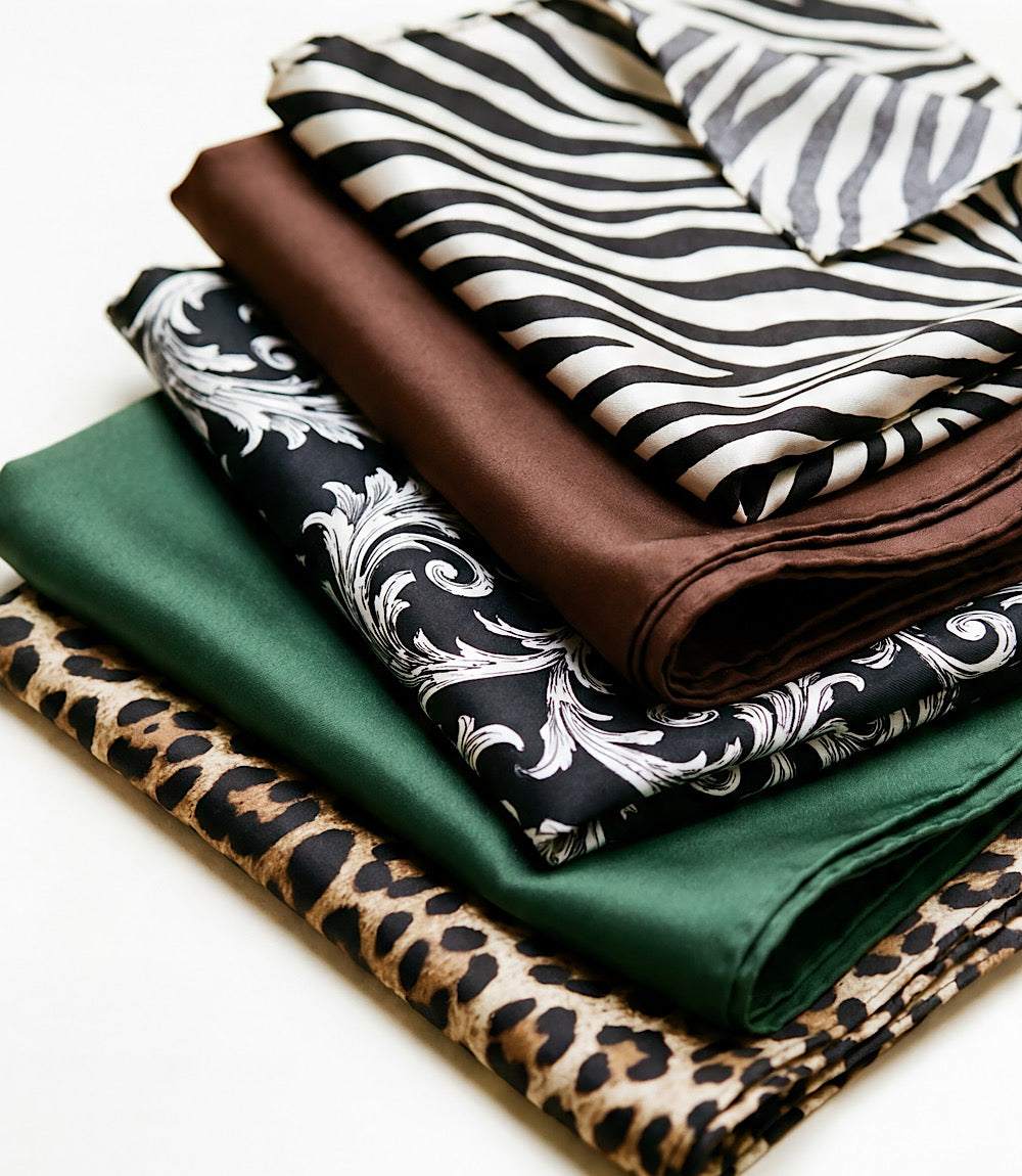 A stack of folded patterned and solid fabric pieces on a white background, including a green solid, a leopard print, a black and white damask pattern, a brown solid, and a black and white zebra print.