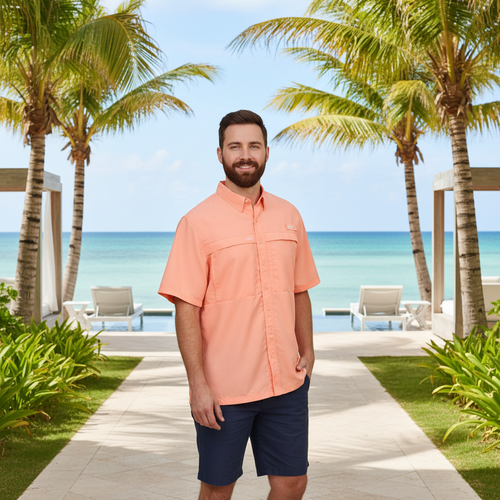 Man wearing a peach-colored short-sleeve shirt on a white background