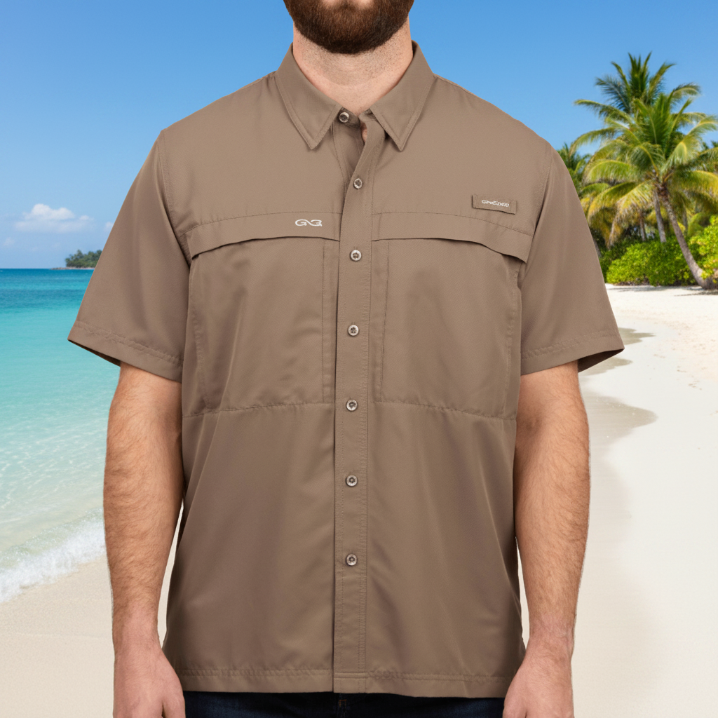 Man wearing a brown short-sleeve shirt with a brand logo on a white background