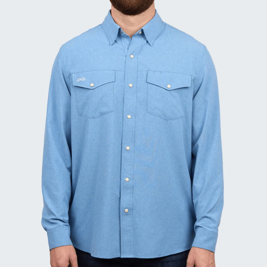Blue denim shirt with brand logo on a white background