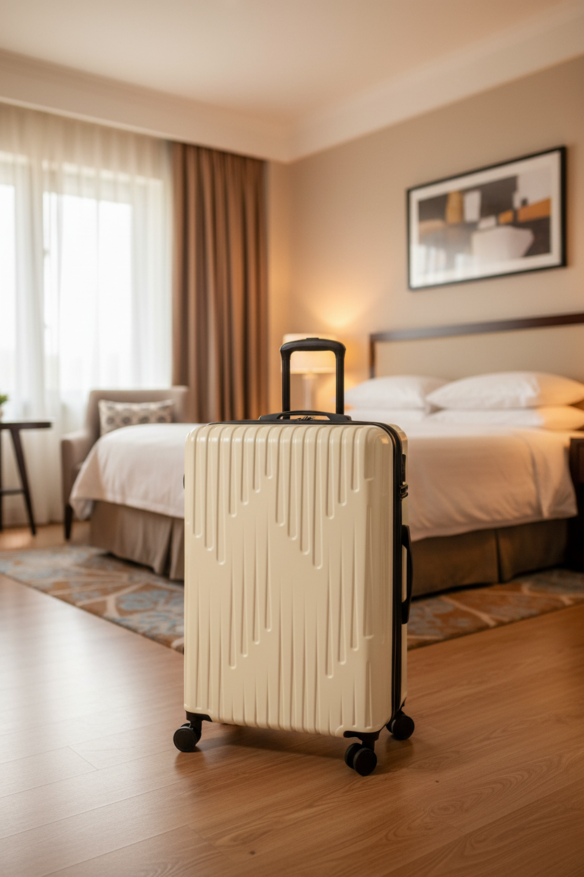 Beige suitcase with a black handle on a white background