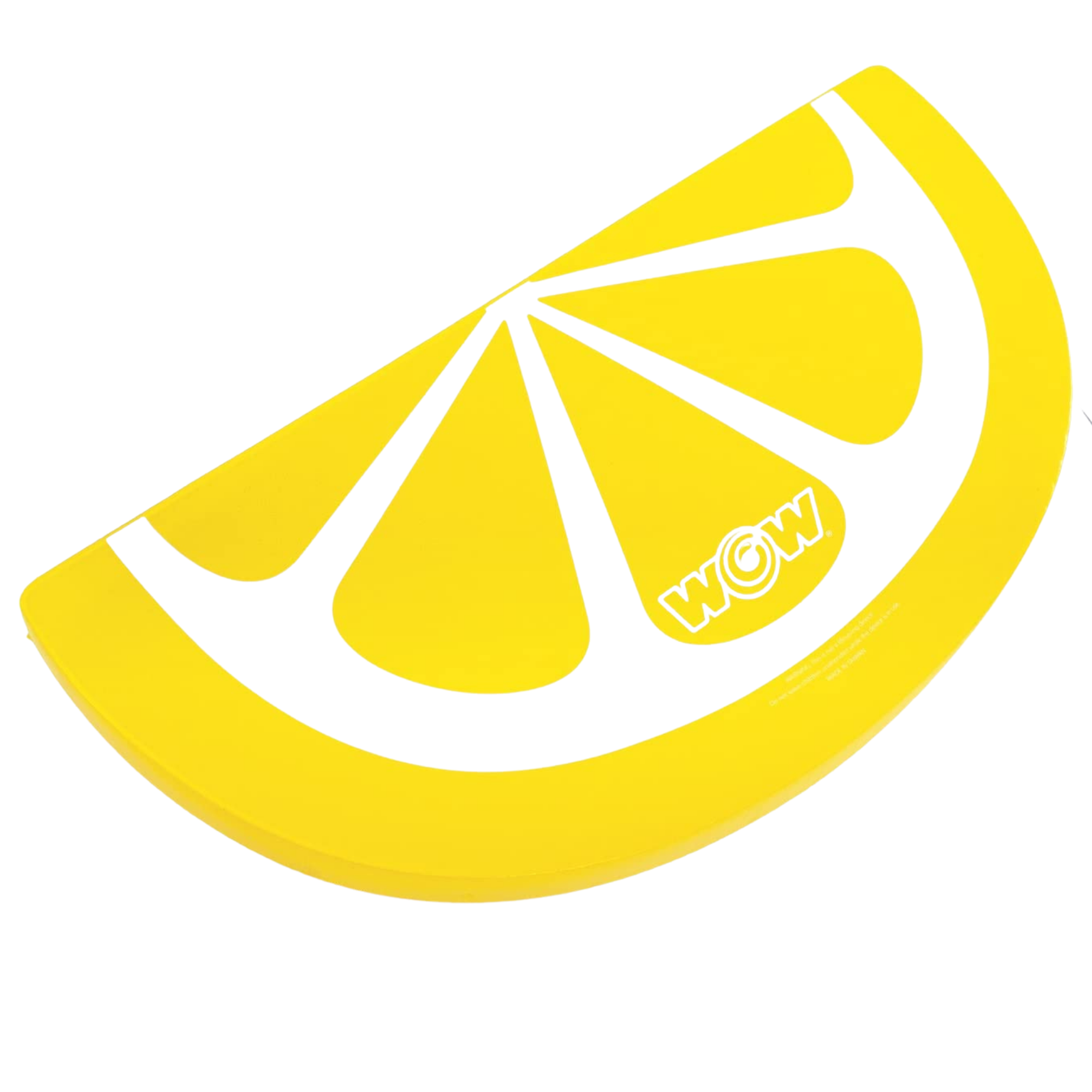 Yellow dog toy shaped like a lemon slice with 'WOW' branding on a white background
