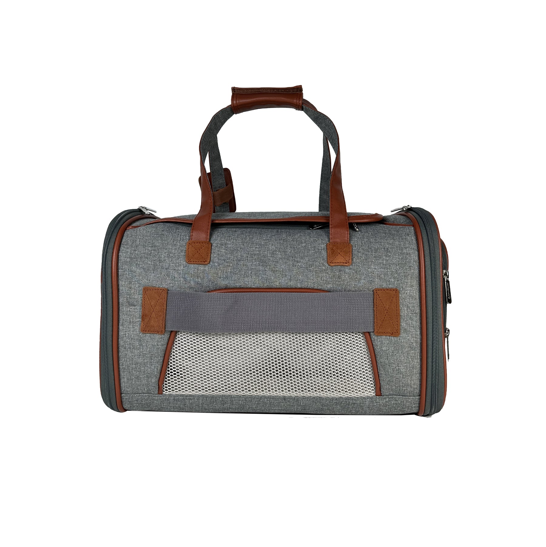 Gray pet carrier with brown accents on a white background