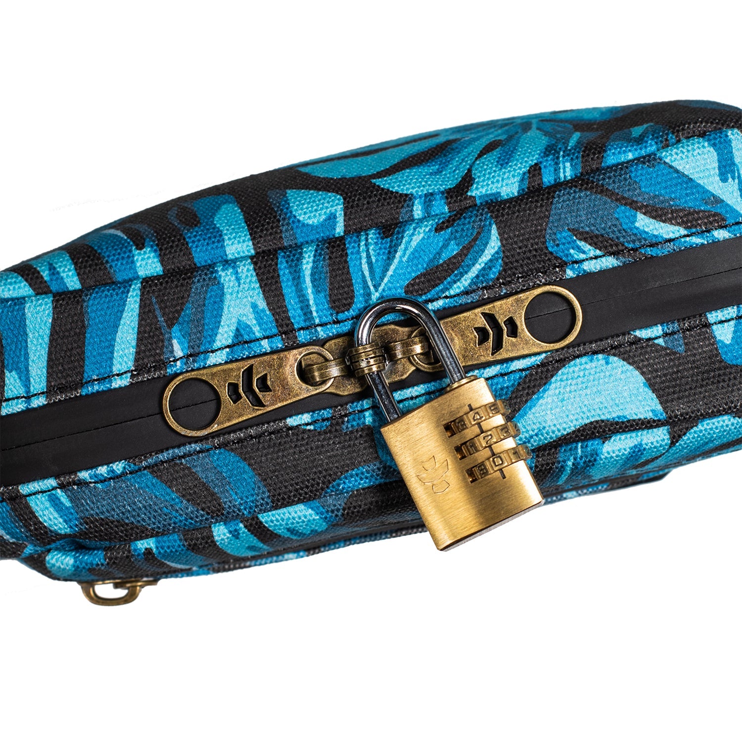 Blue and black patterned bag with a gold padlock on a white background