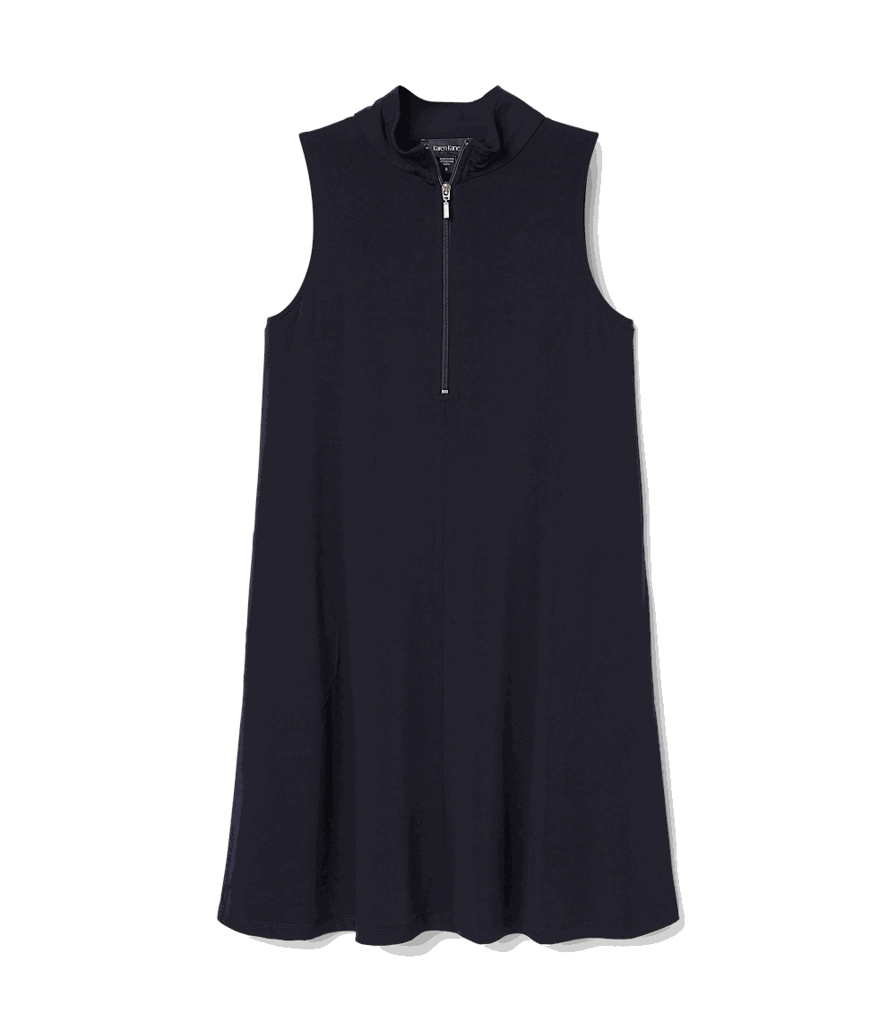 A sleeveless, dark navy blue dress with a mock neck and a short front zipper, shown against a solid black background.