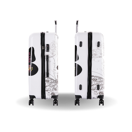 Two white suitcases with black and gray patterns on a white background