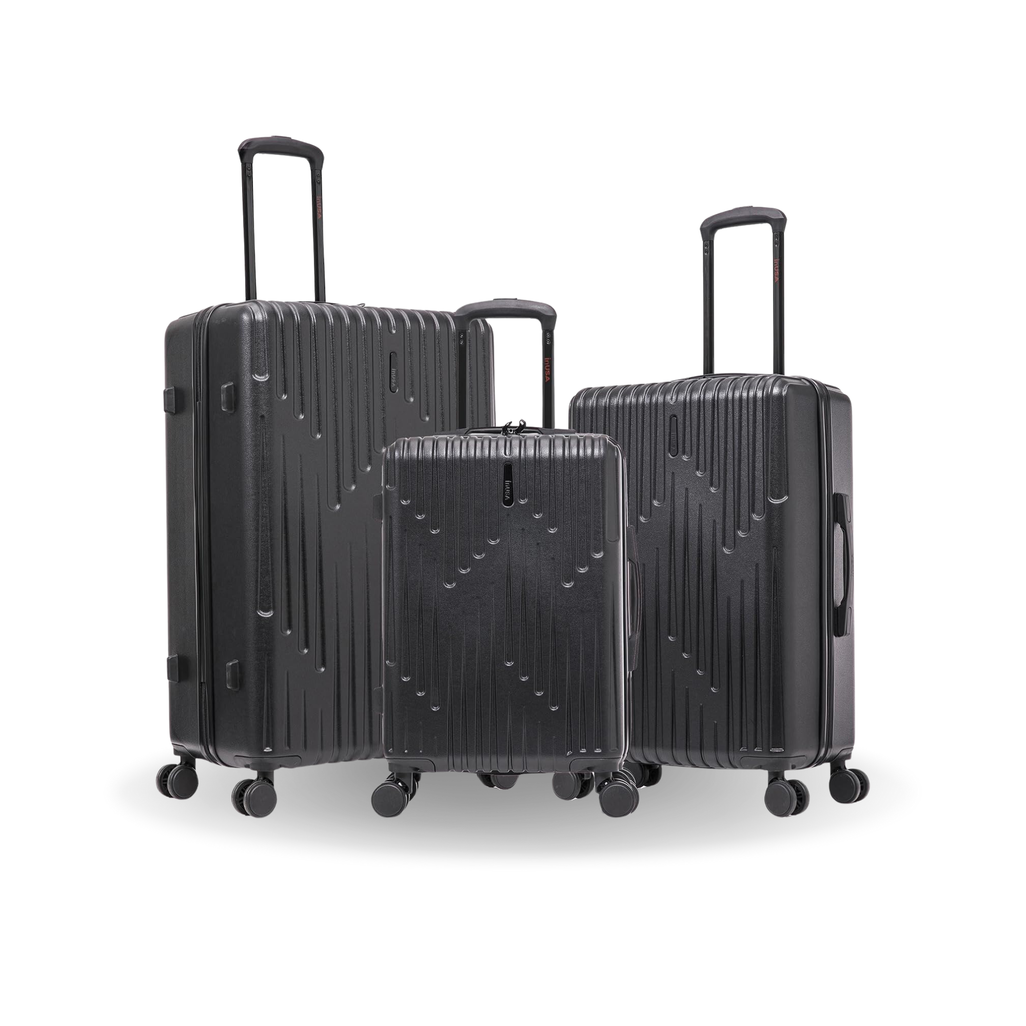 Three black suitcases of different sizes on a white background
