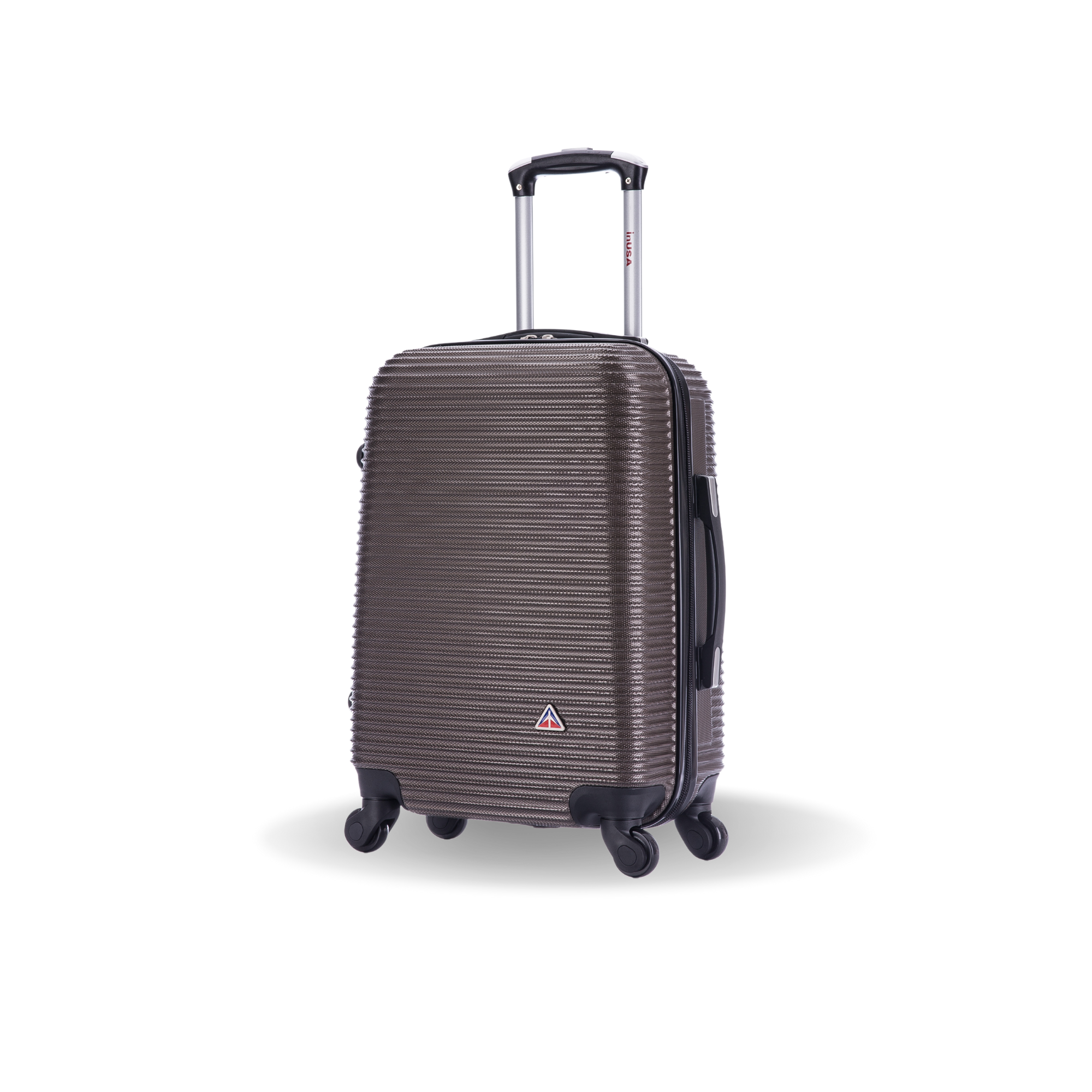 Brown suitcase with a visible brand logo on a white background