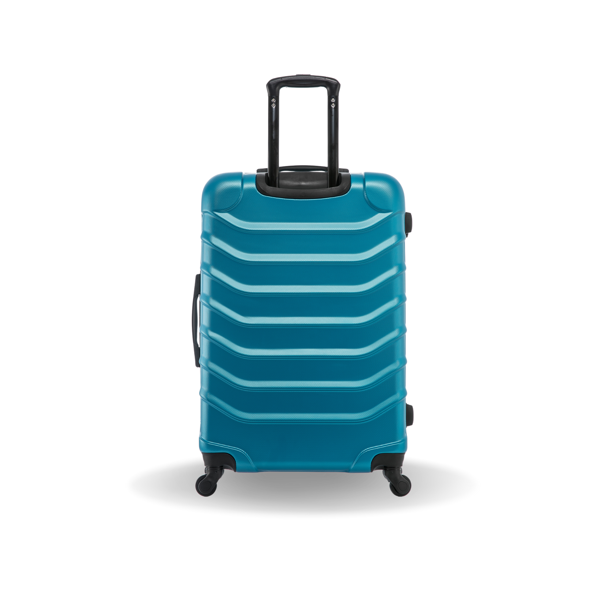 Blue suitcase with white stripes on a white background