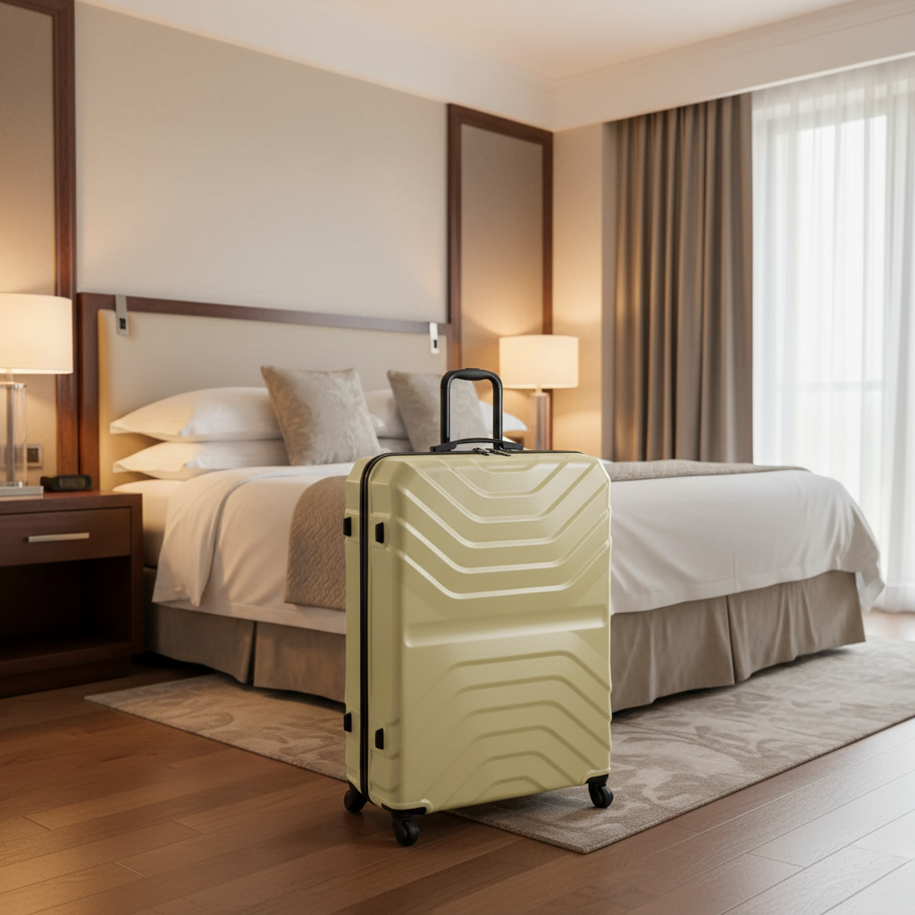 Beige suitcase with a textured surface on a white background