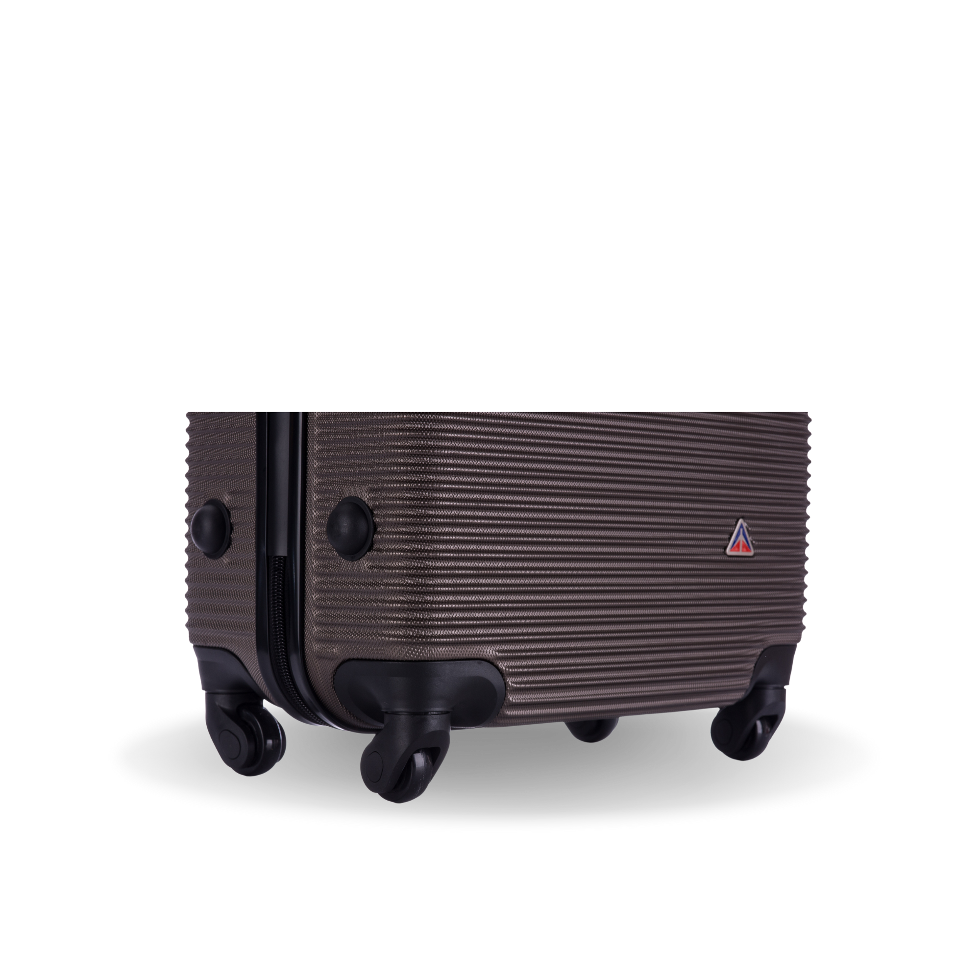 Brown suitcase with wheels and a visible brand logo on a white background
