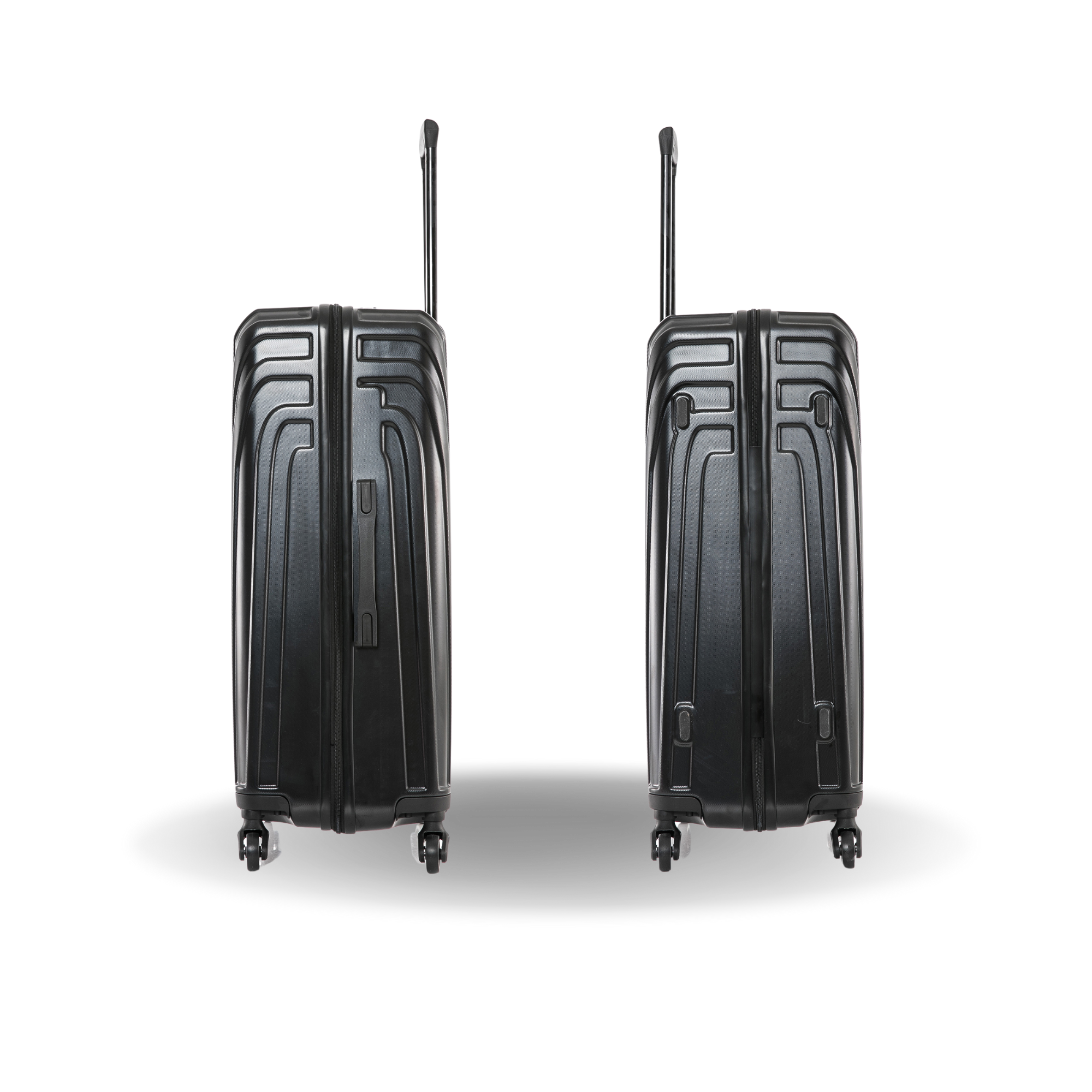 Two black suitcases with wheels on a white background