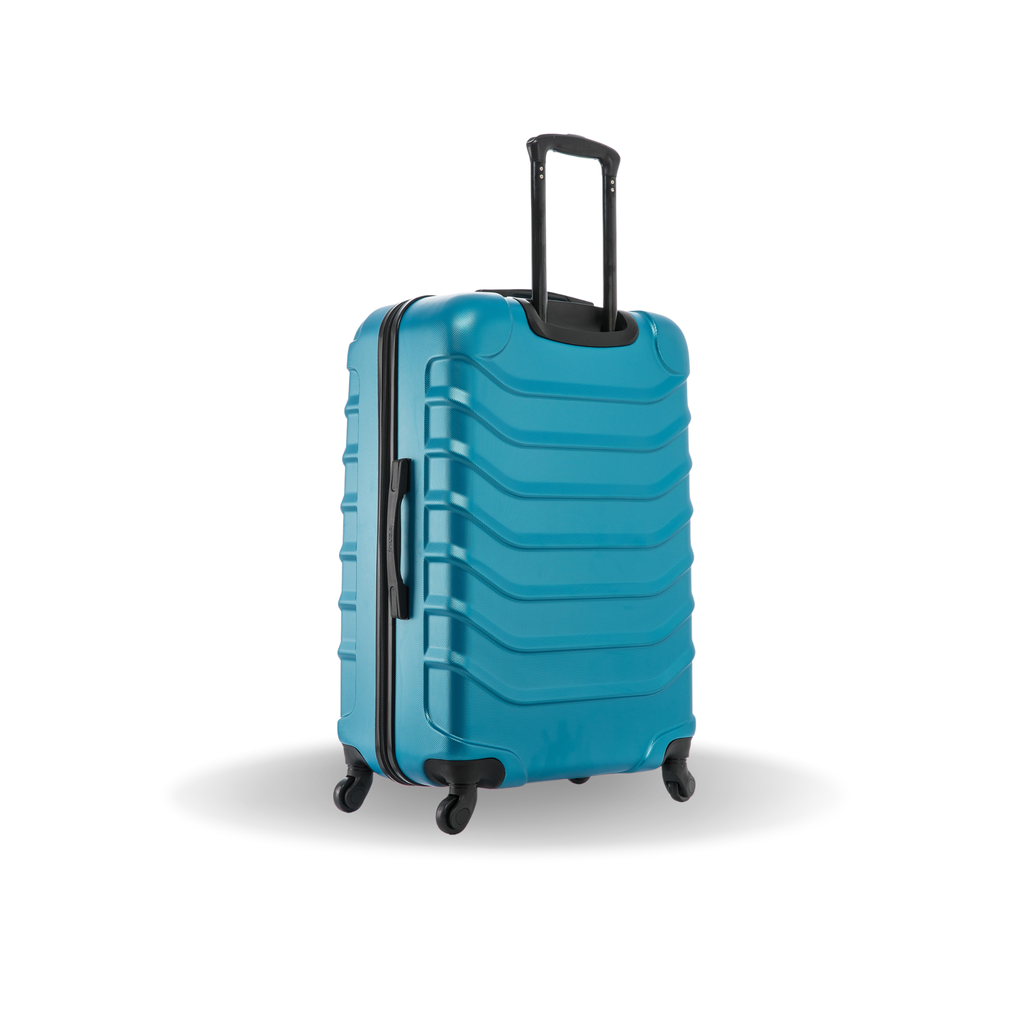 Blue suitcase with a textured surface on a white background