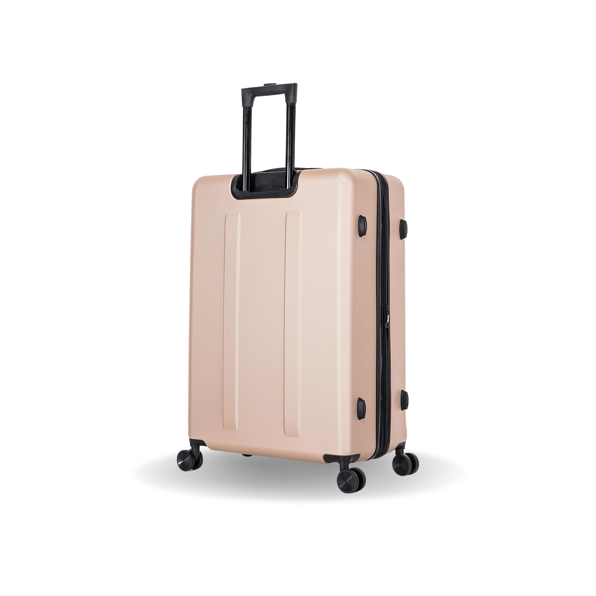 Beige suitcase with black wheels and handle on a white background