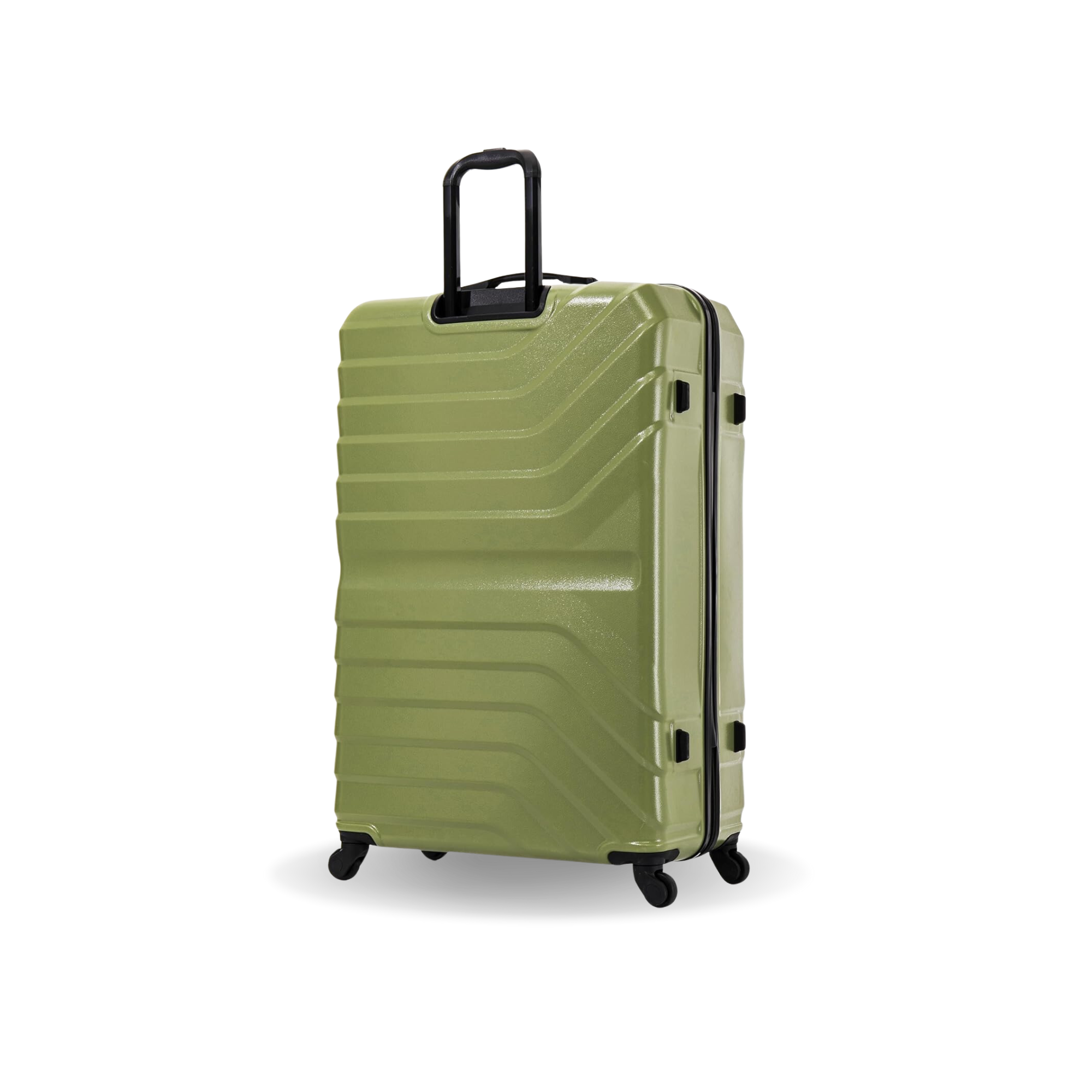 Green suitcase with black handle and wheels on a white background