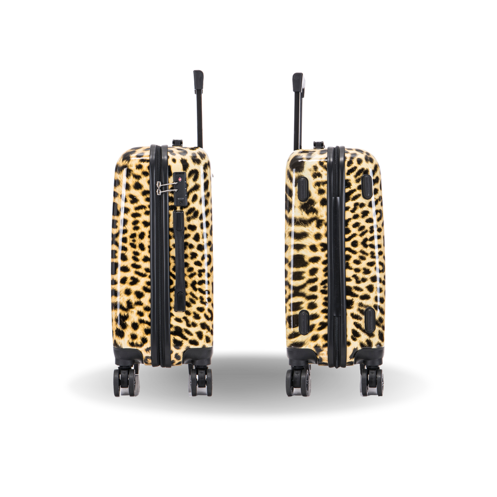 Two leopard print suitcases side by side on a white background