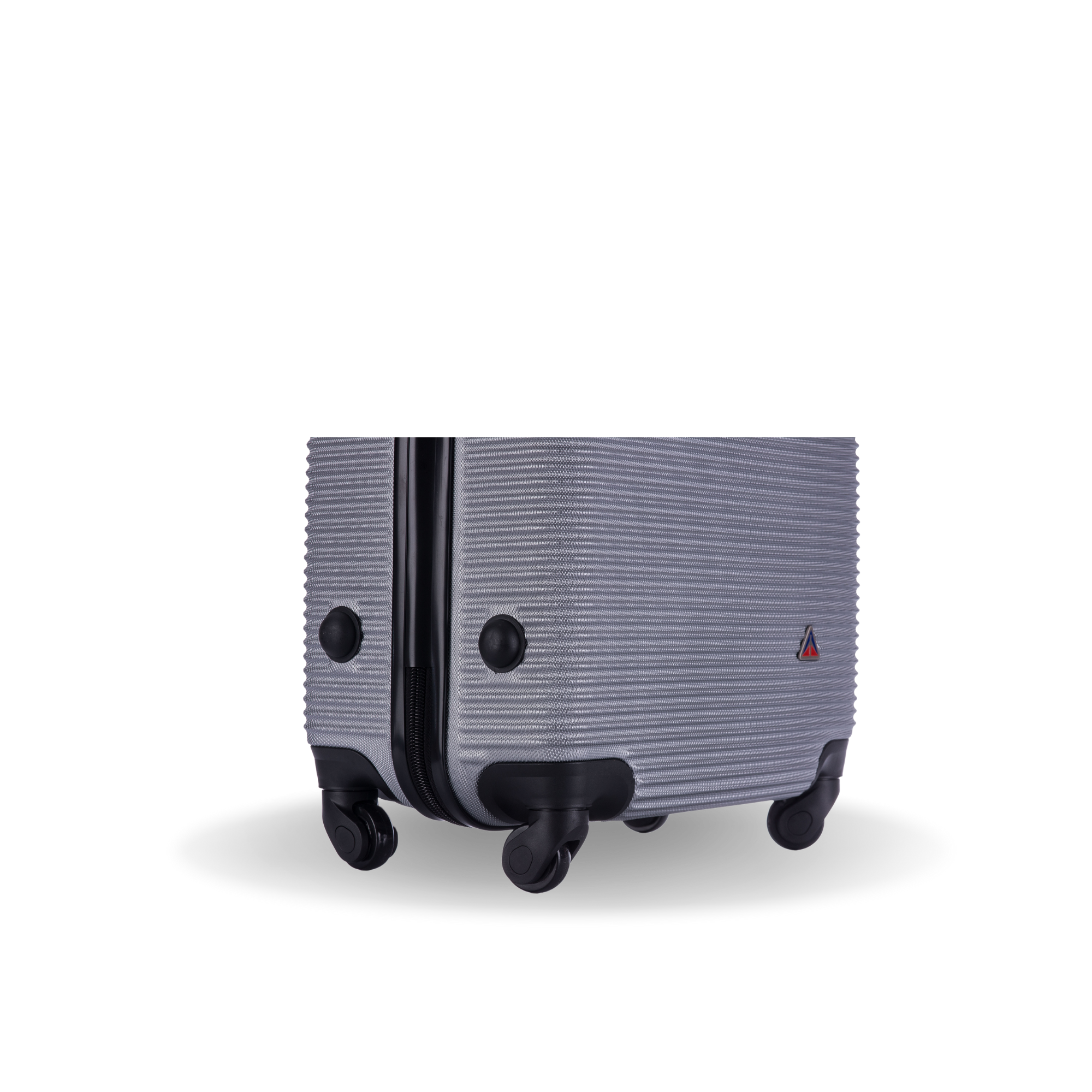 Gray suitcase with black wheels on a white background