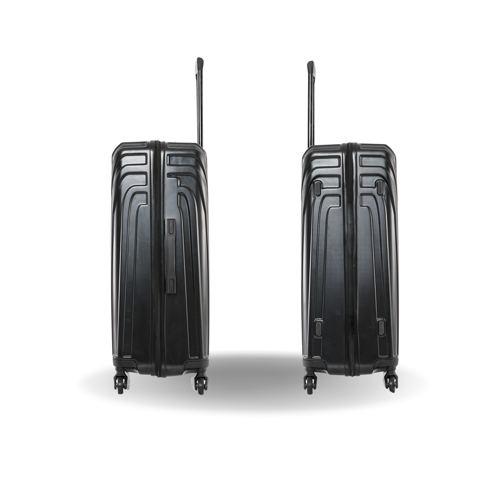 Two black suitcases with wheels on a white background