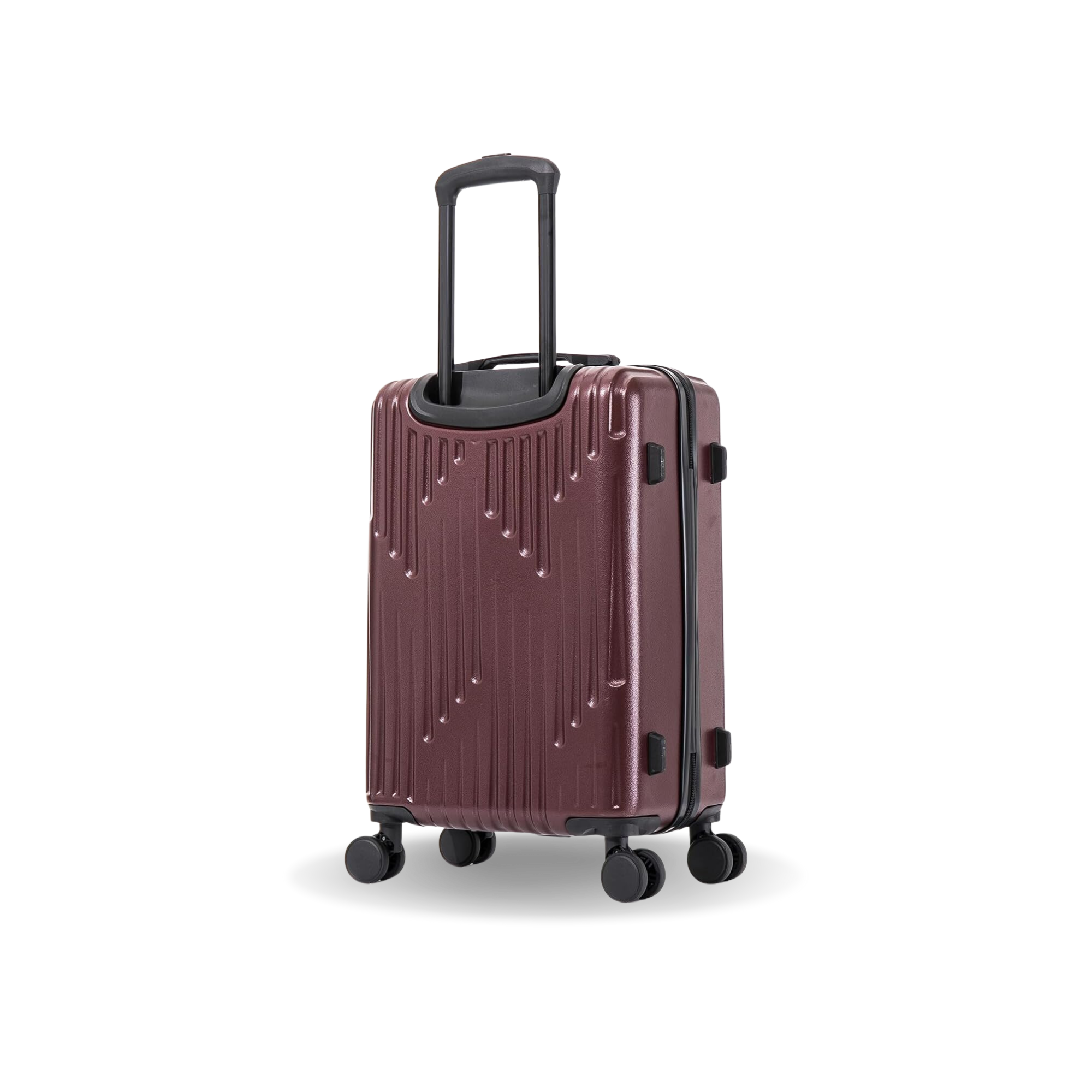 Maroon suitcase with black wheels and handle on a white background