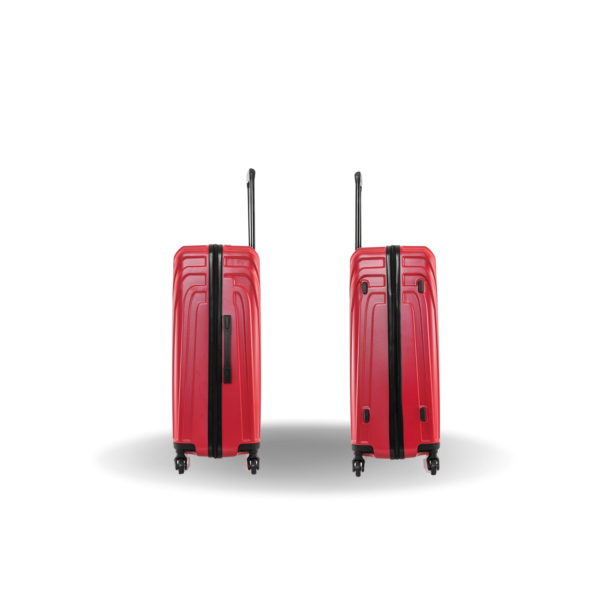 Two red suitcases with black accents on a white background