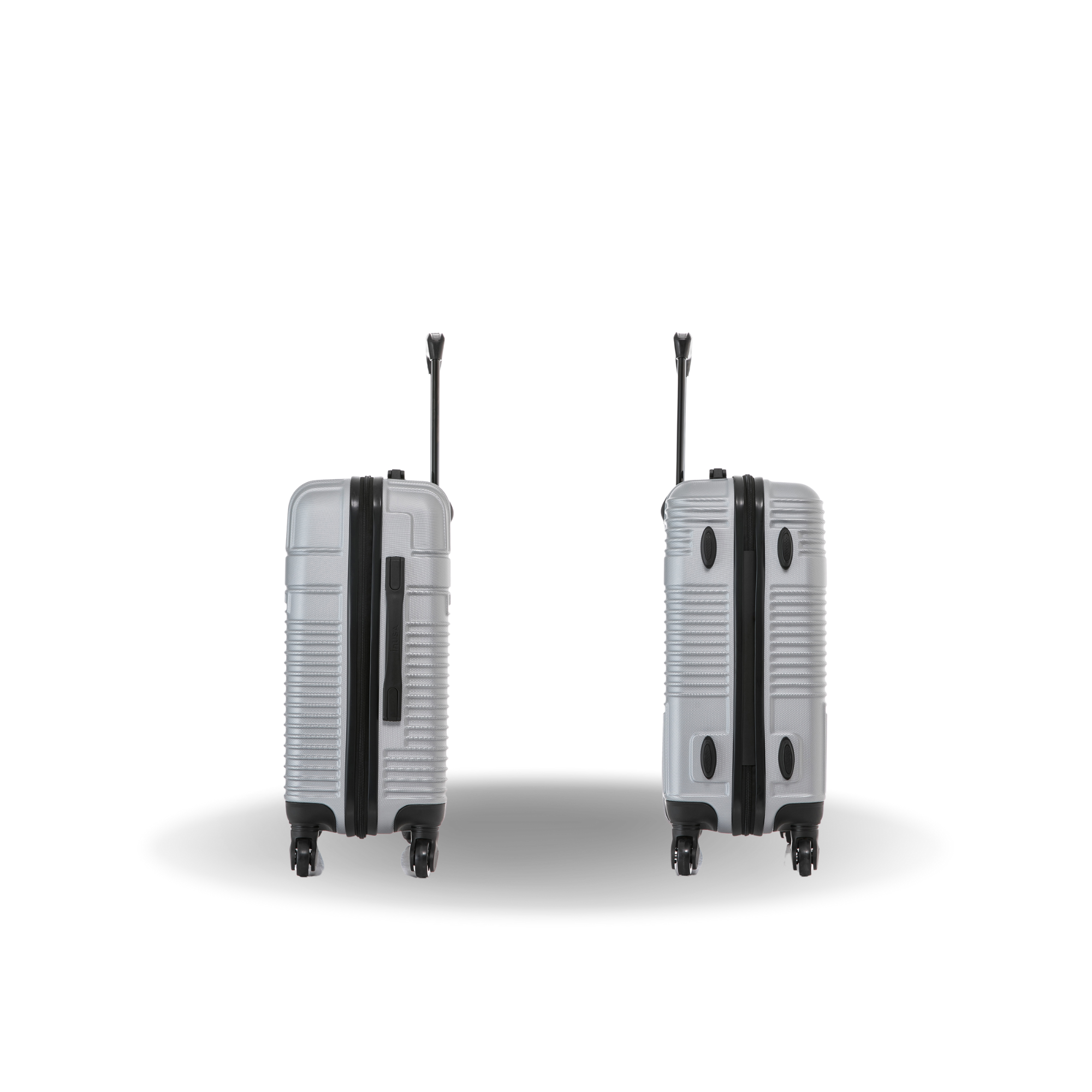 Two silver suitcases with black accents on a white background