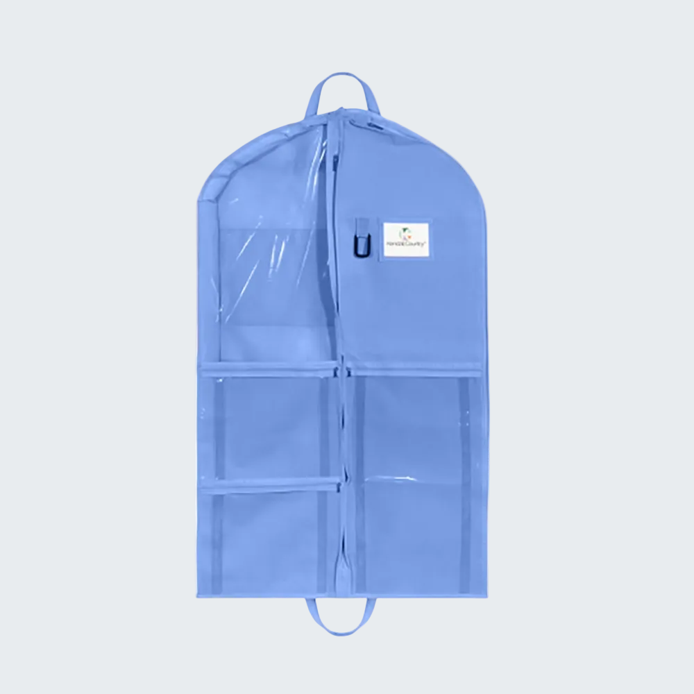 Blue garment bag with clear front panel on a white background