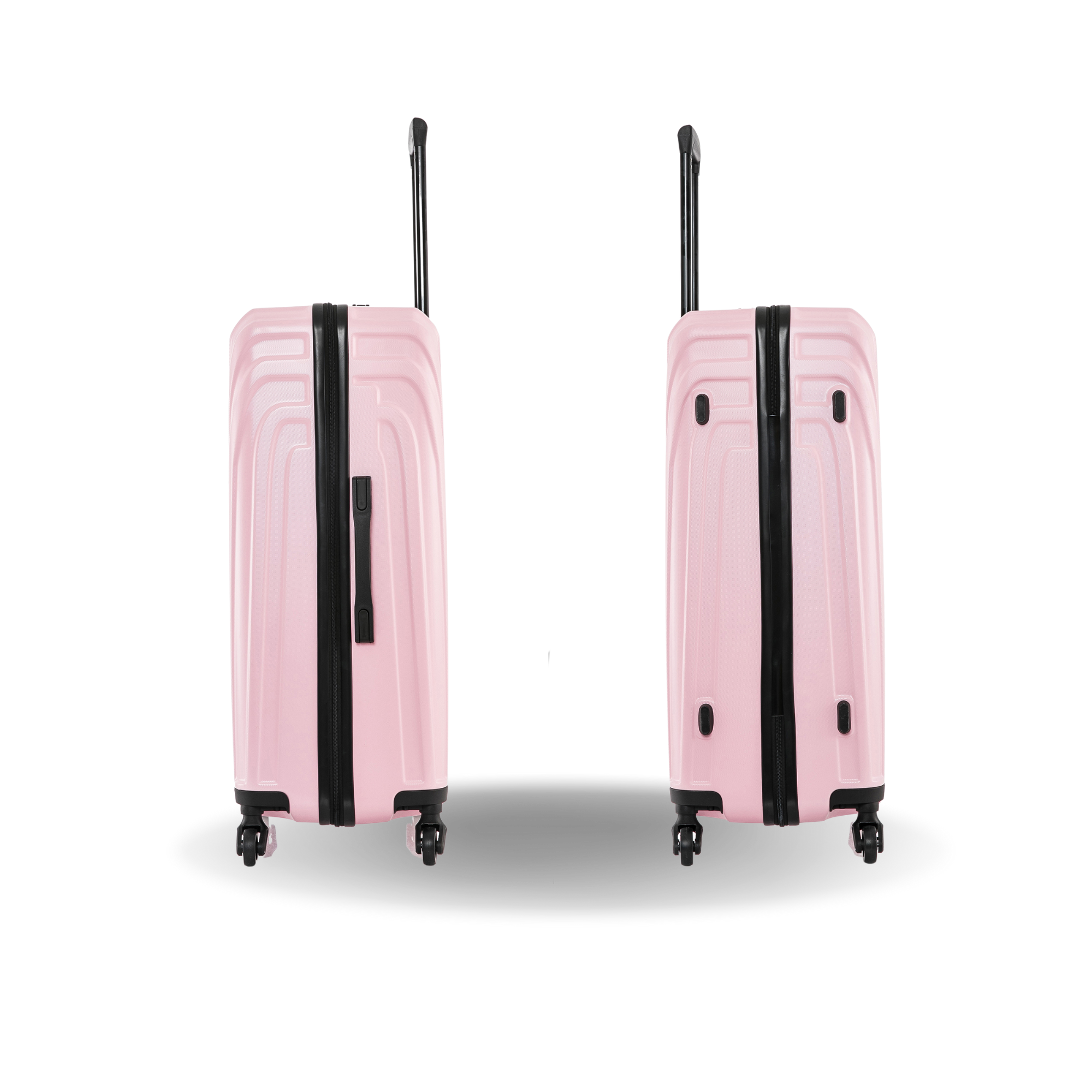 Two pink suitcases with black handles and wheels on a white background