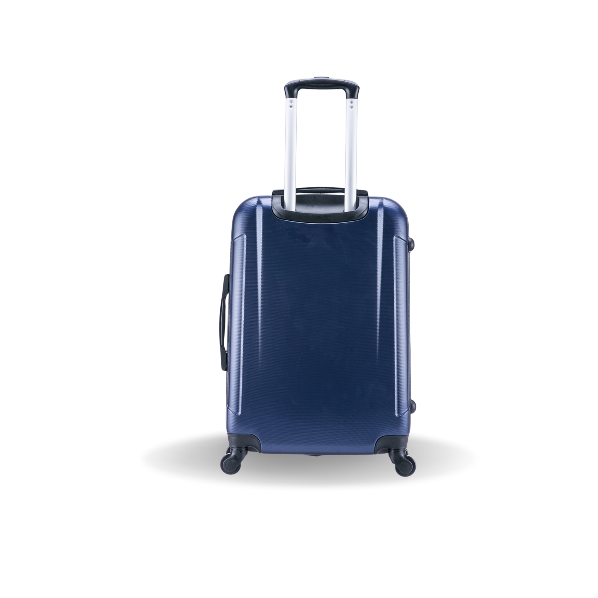 Blue suitcase with a white handle on a white background