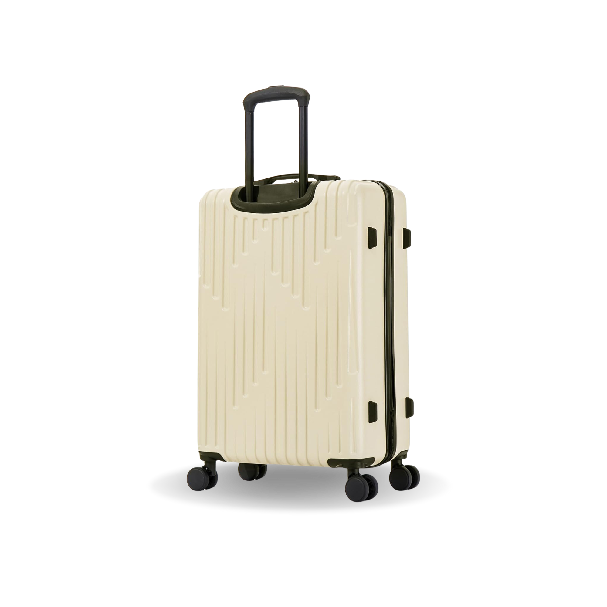 Beige suitcase with a black handle on a white background