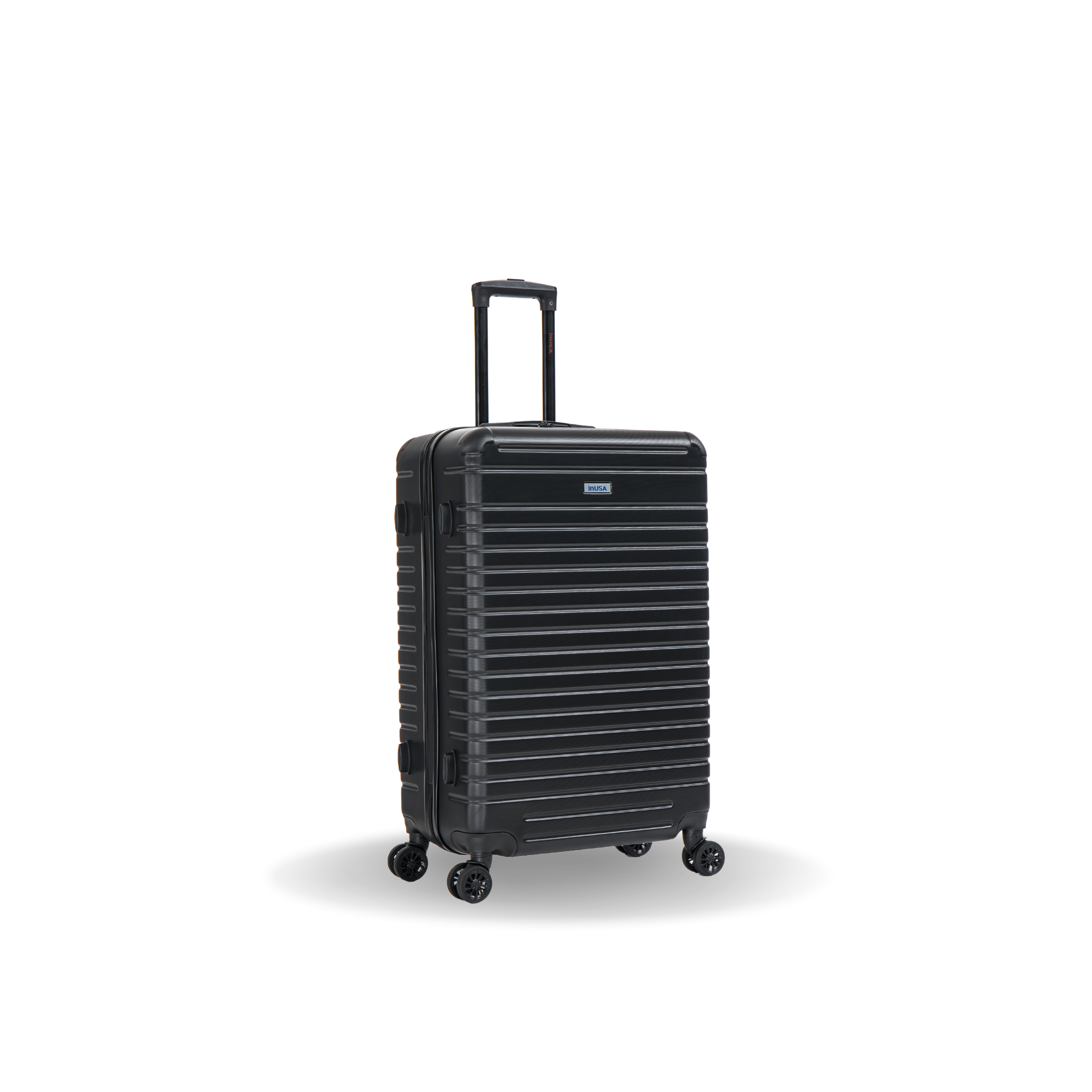 Black suitcase with wheels on a white background