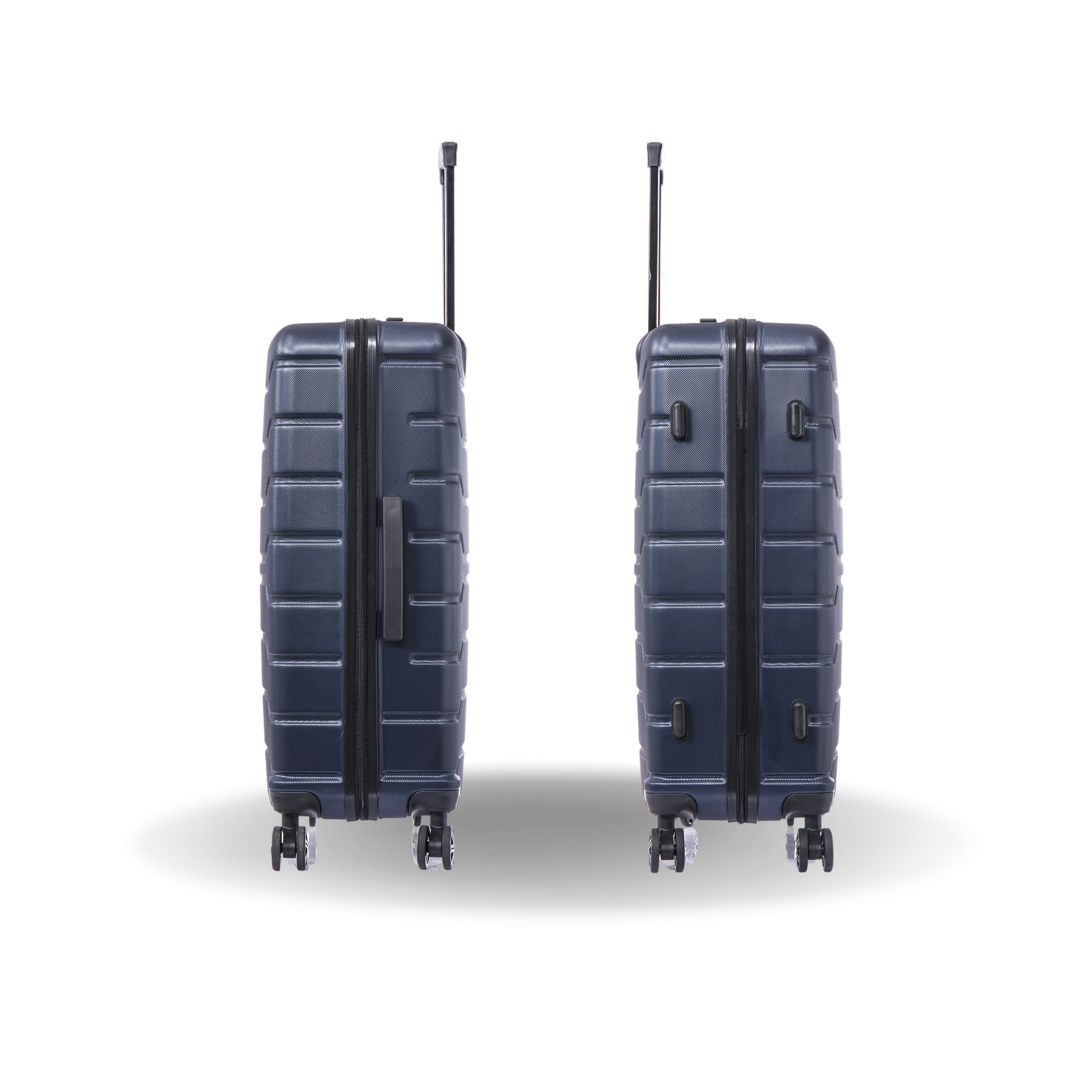 Two navy blue suitcases with wheels and handles on a white background