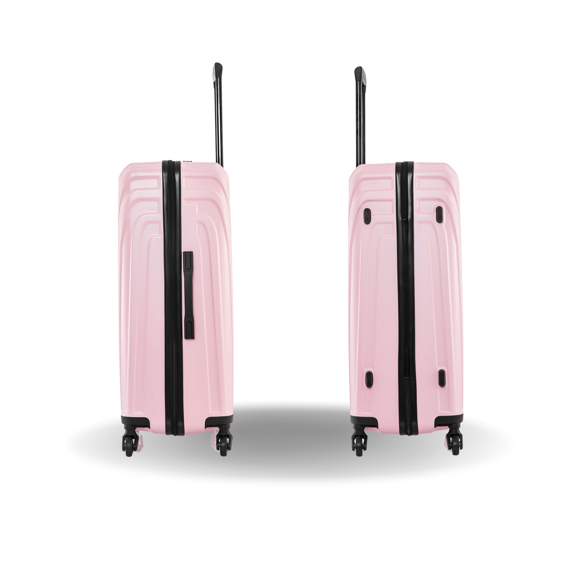 Two pink suitcases with black handles and wheels on a white background