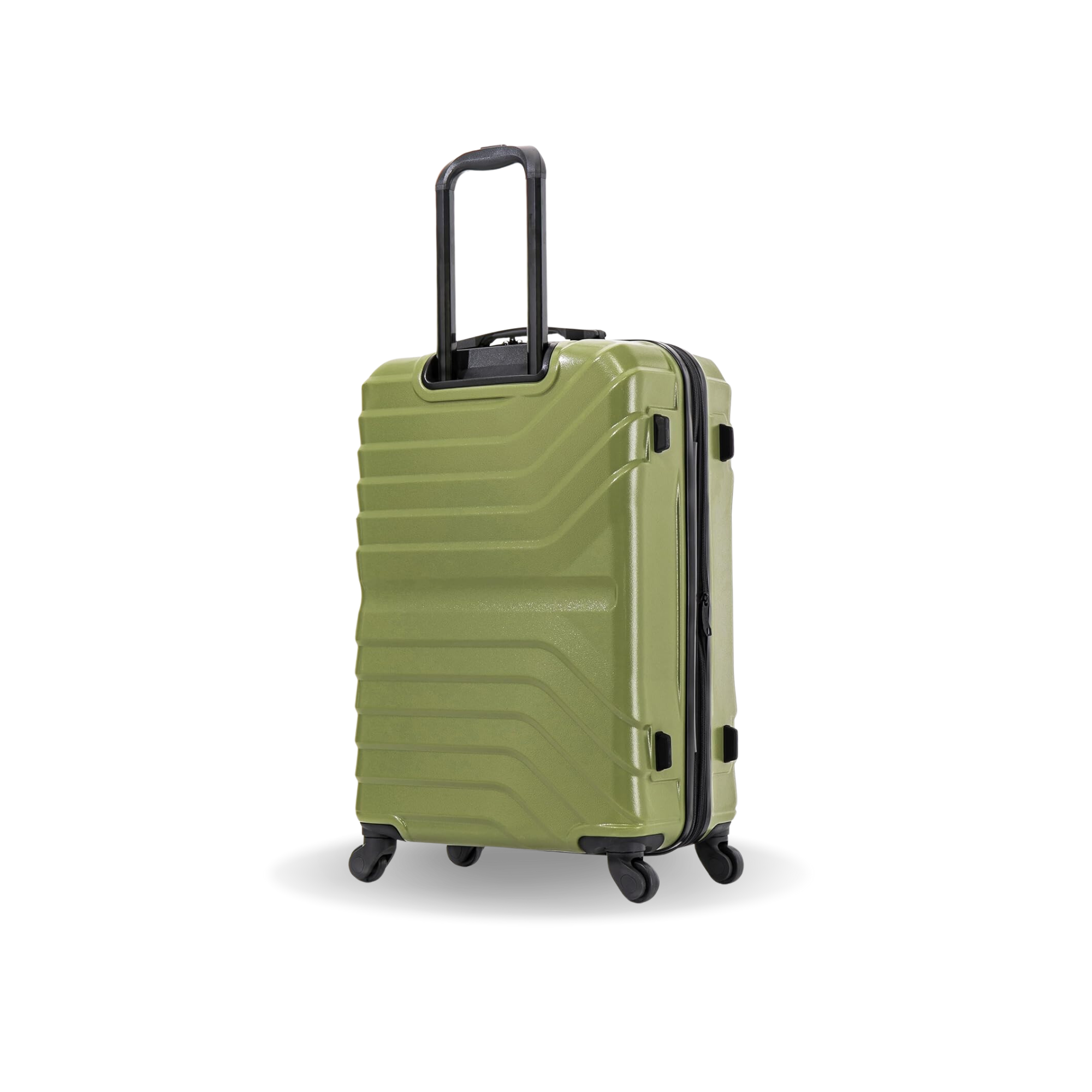 Green suitcase with black handle and wheels on a white background