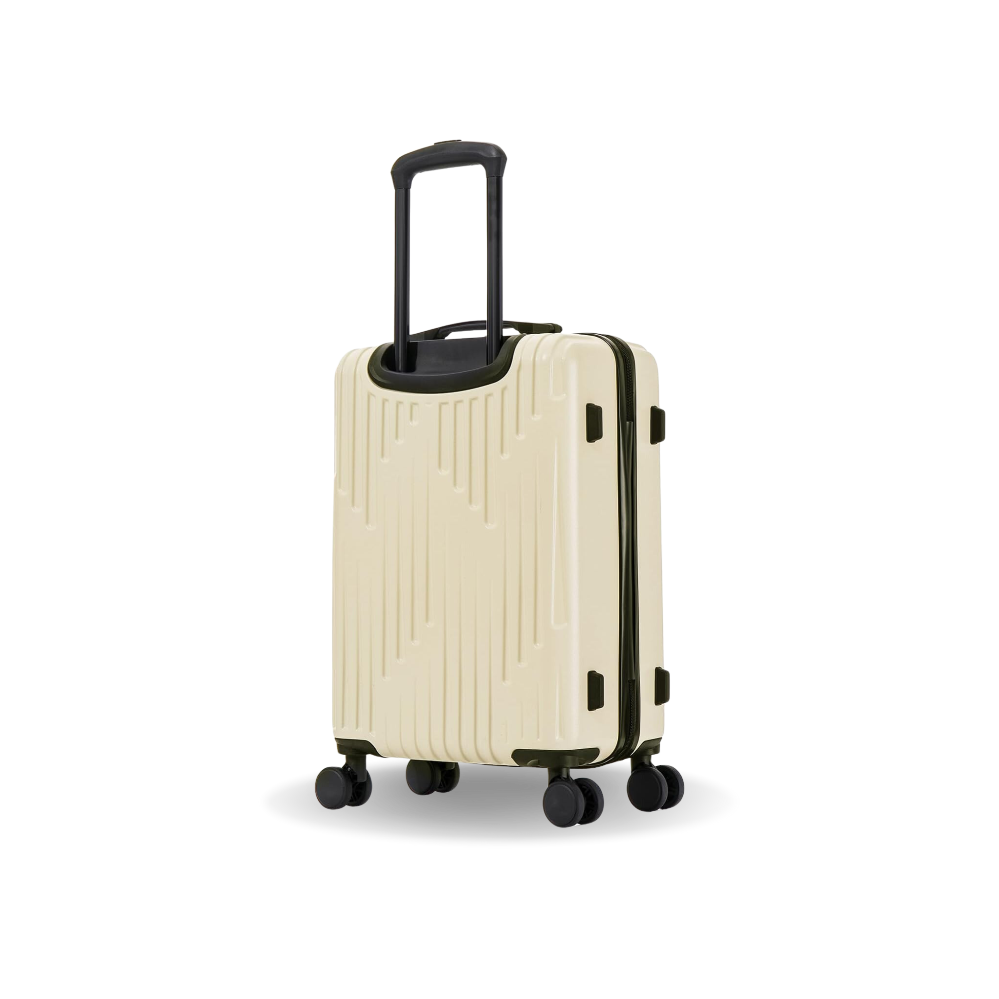 Beige suitcase with black handle and wheels on a white background
